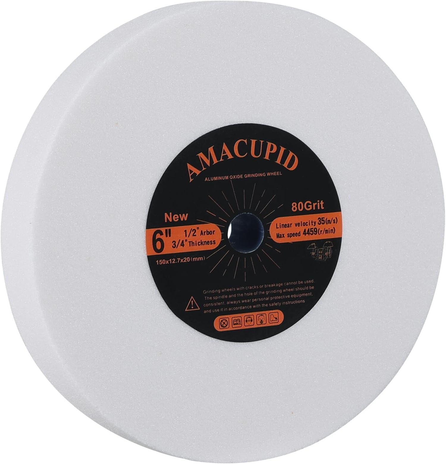 Bench Grinding Wheel 6 Inches, Aluminum Oxide Abrasive. For Sharpening Hardened Steel, High Carbon Steel and Other Hard Tools. 1/2 Inch Arbor, 3/4 Inch Thickness, 80 Grit