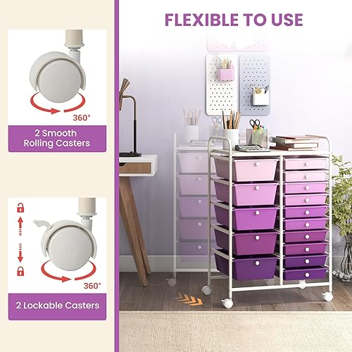 Vista 59 de LDAILY Carrito de almacenamiento con ruedas de 15 cajones, carrito rodante con cajones para aula, organizador de manualidades con ruedas con marco