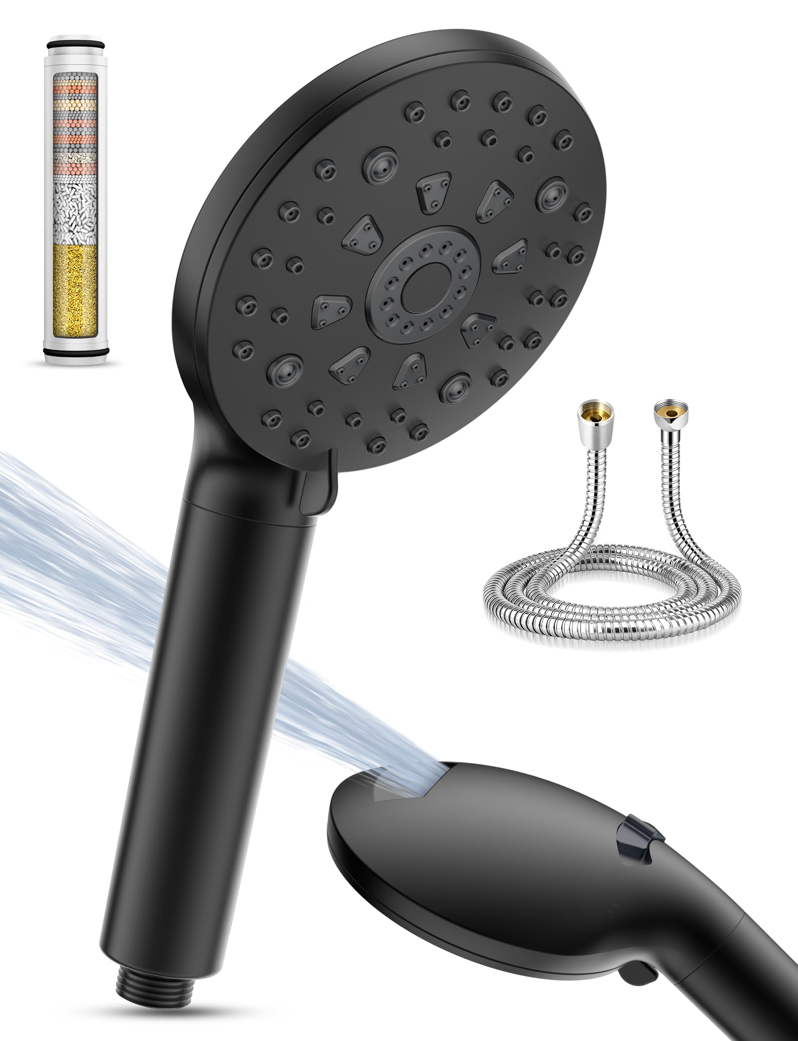 PWERAN Hard Water Filter Shower Head with 15 Stage Filter, 7 Spray Modes Water Saving High Pressure Handheld Filtered Shower Head and 1.5M Hose for Remove Residual Chlorine