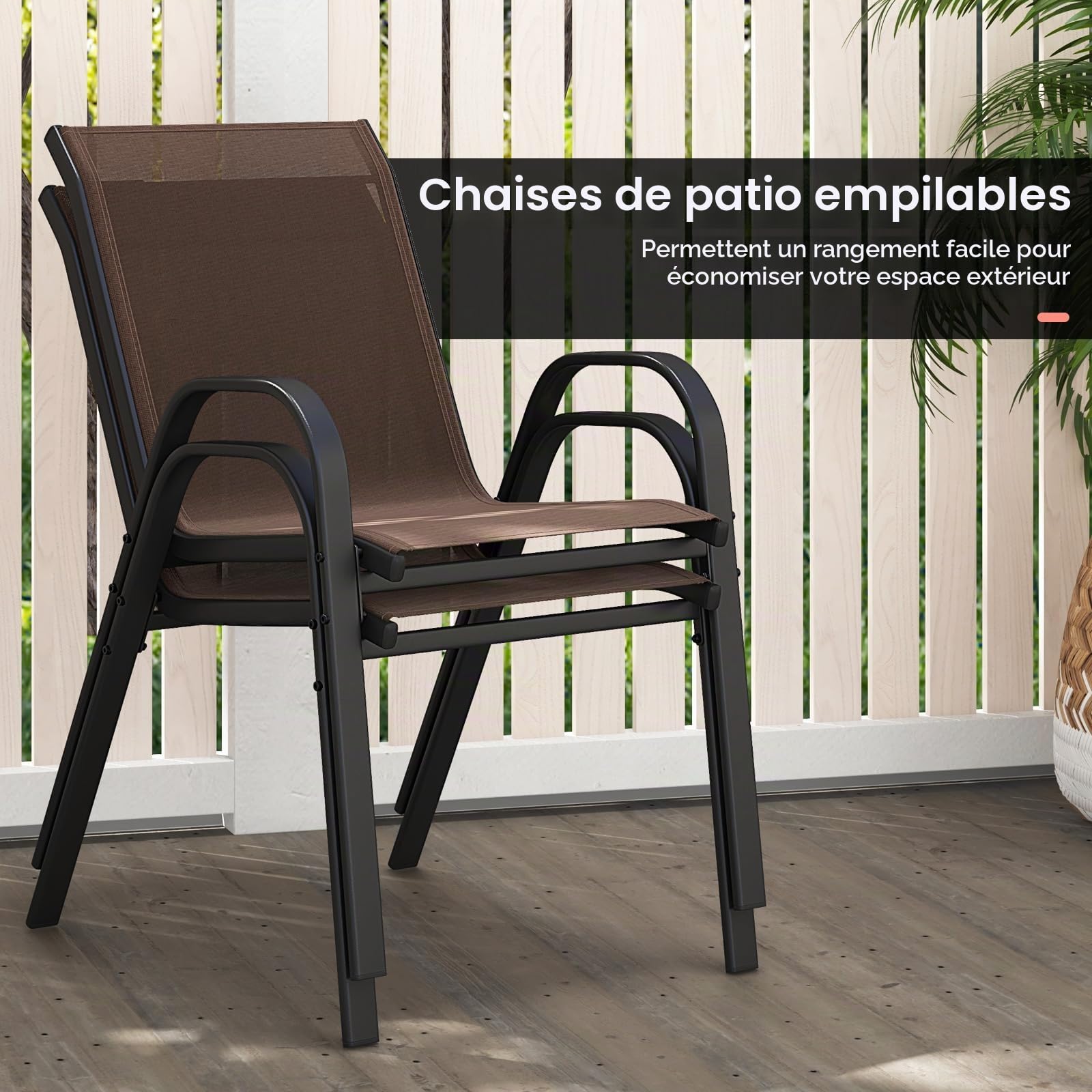 GIANTEX Lot de 4 Chaises de Jardin Extérieures, Chaise de Salle à Manger Empilables Cadre en Acier avec Mains Courantes, Fauteuil d'Extérieur avec Dossier et Siège Ergonomiques (Marron)