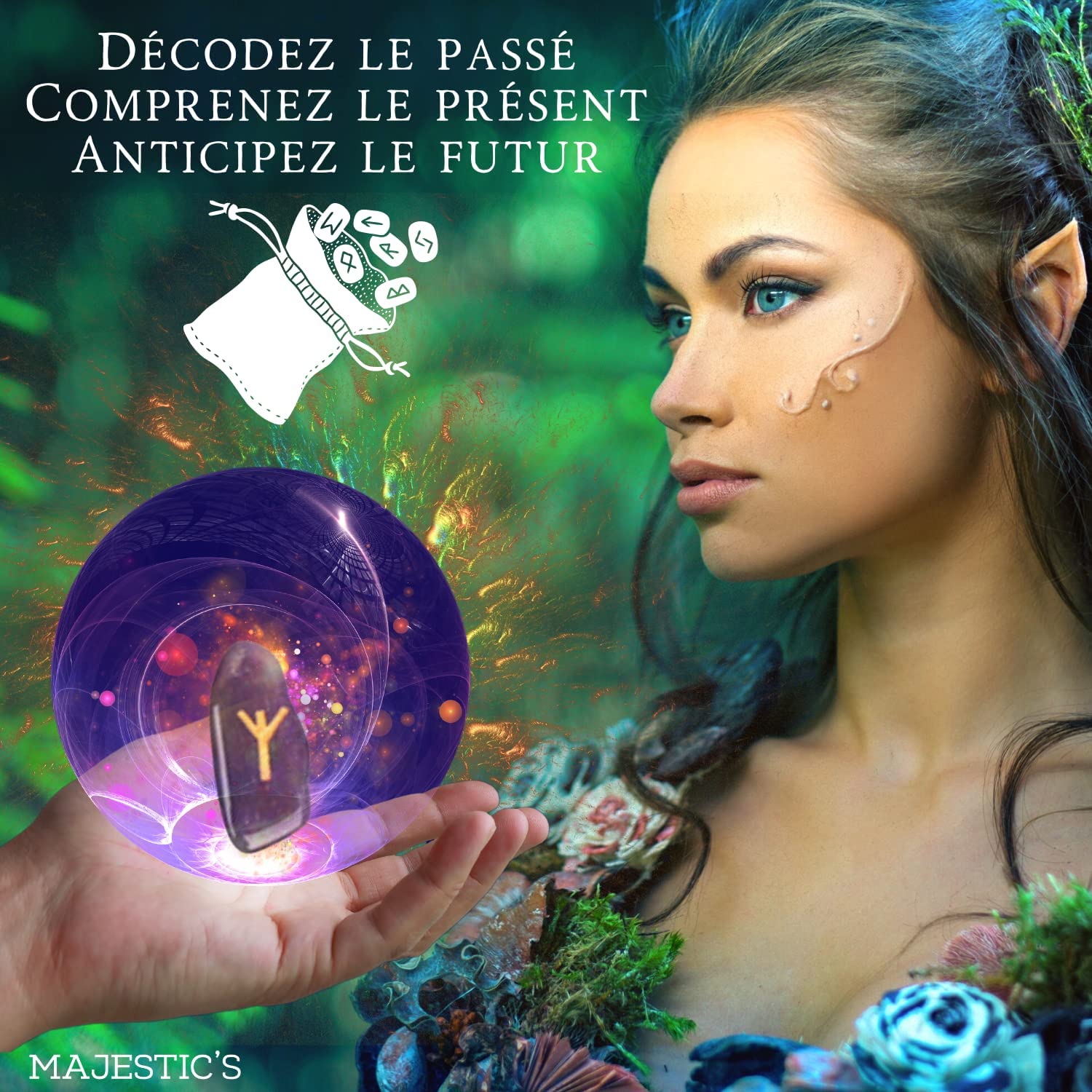 Runes Divinatoires VIKINGS - Pack de 25 Runes en Pierres Naturelles d’Oeil de Tigre Gravées (2 cm x 1 cm) + Sac Noir + Ebook Pratique (PDF) - Alphabet Runique Futhark parfait pour Divination, Voyance