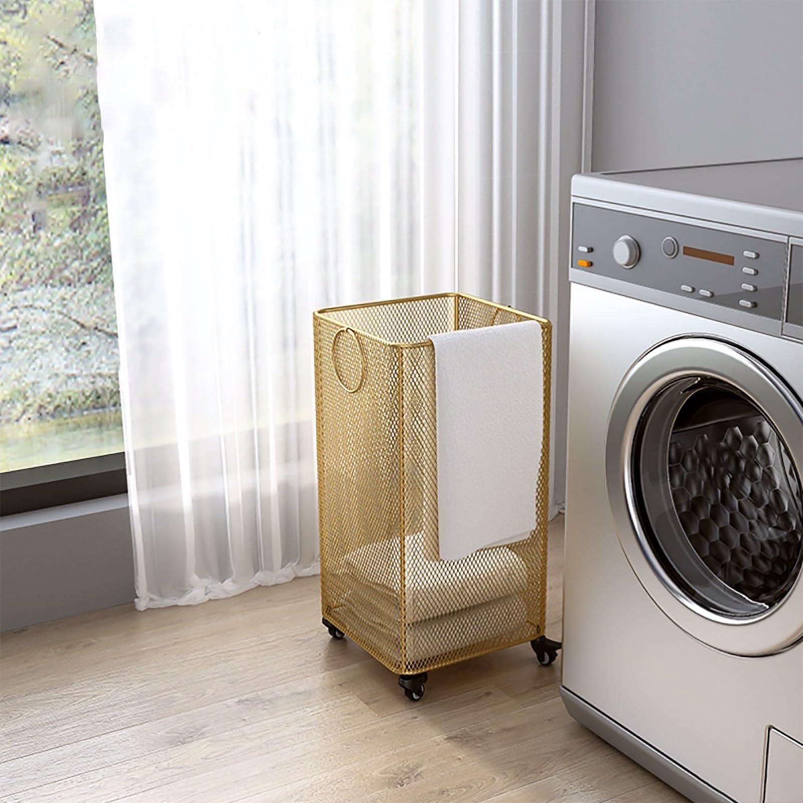 Panier doré, Panier à Linge Roulant sur roulettes, Panier doré, Panier en métal doré avec roulettes, Panier à Linge Roulant en métal, Support de Rangement pour Tapis de Yoga, Panier à Linge