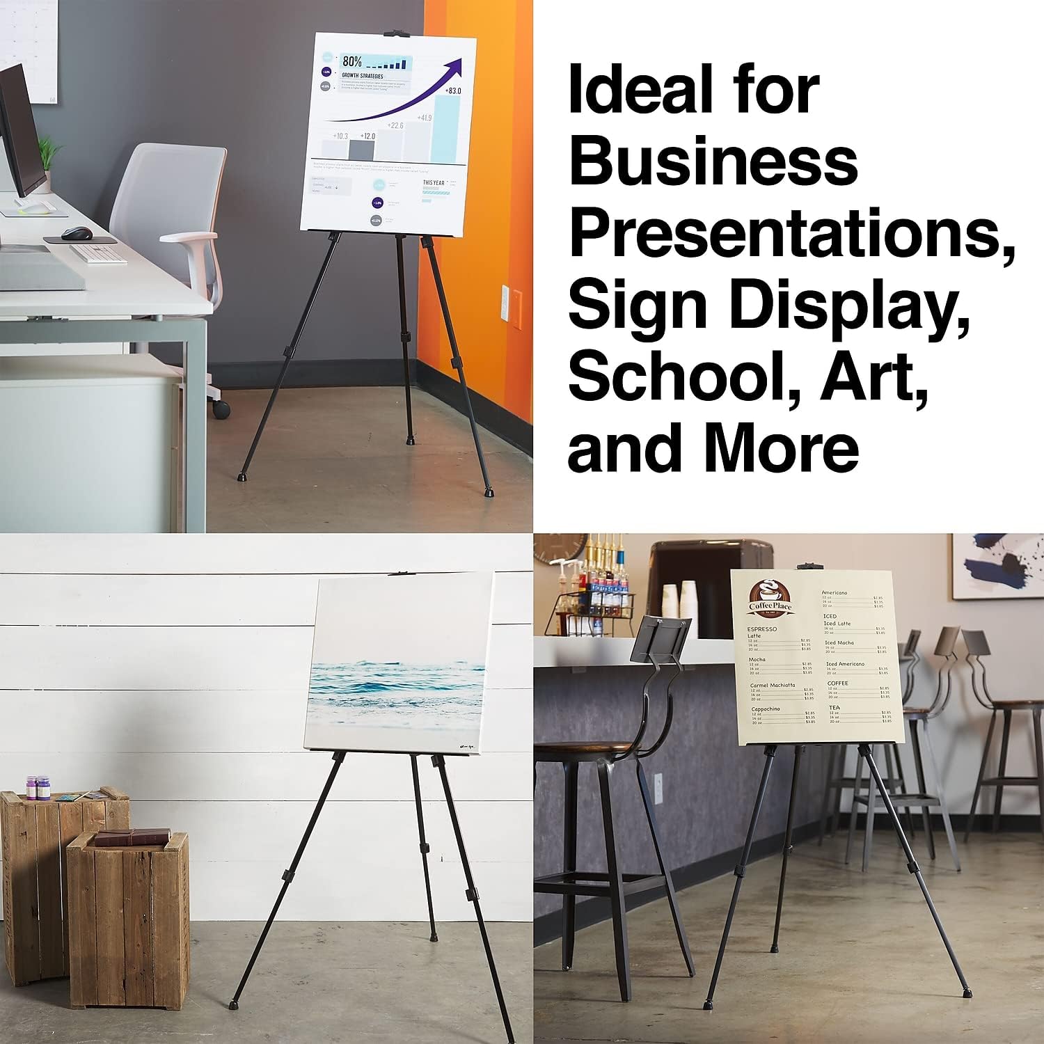 Staples Tripod Display Easel, 63-inch, Black Aluminum, 2/Pack