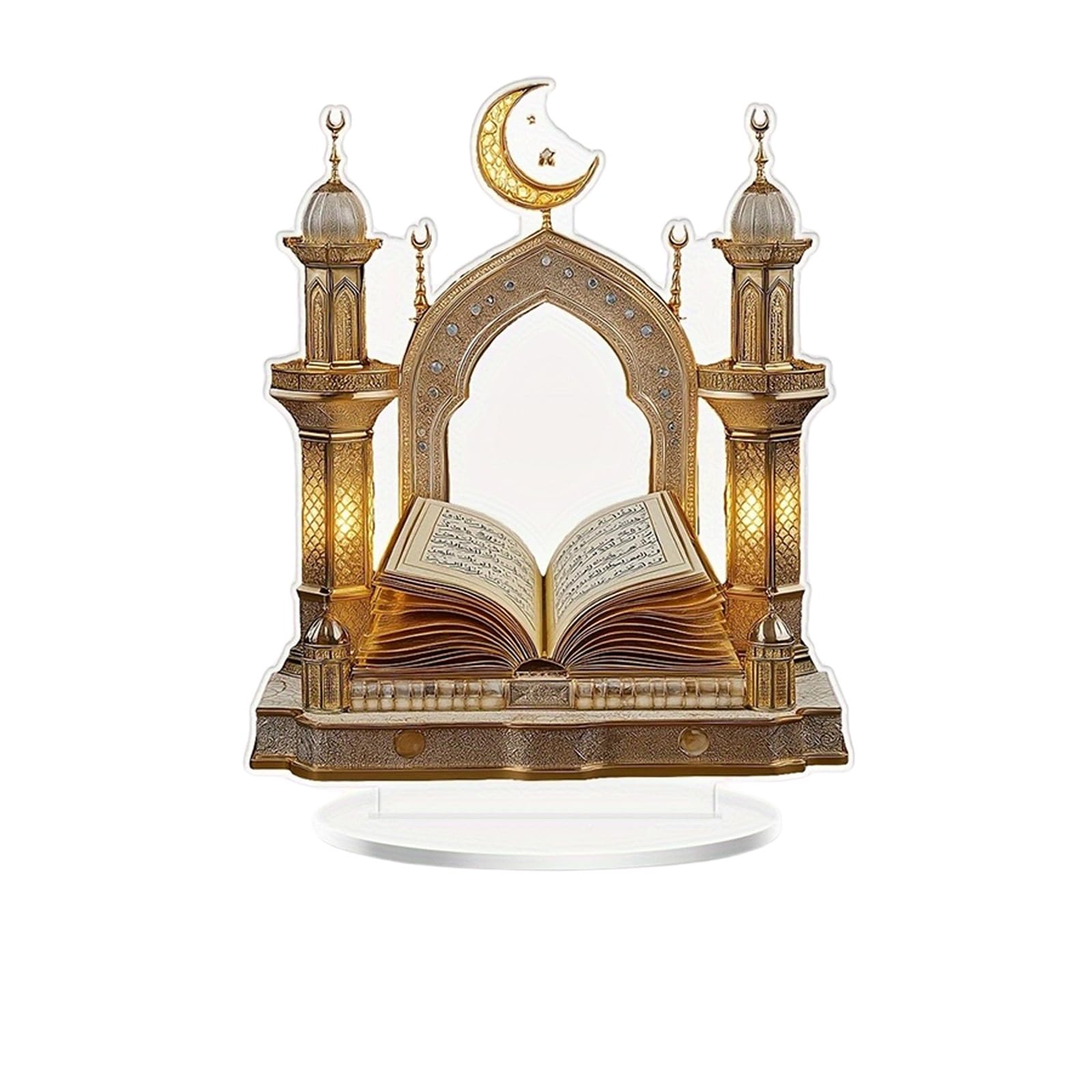 Islamics Eid 2D Moons Castles and Quran Acrylic Table Sign Ornament for Ramadans Muslims Party Centerpieces Decors Eid Festival Desktop Decoration