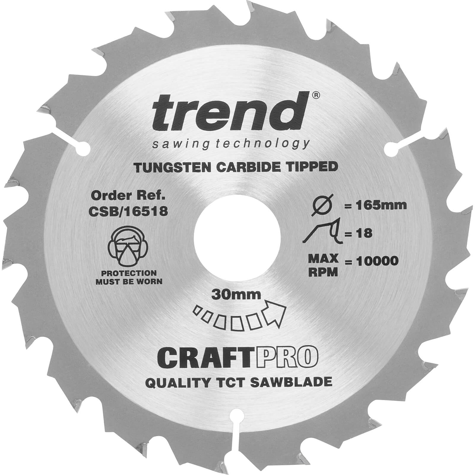 Trend Wood Circular Saw Blade, 165mm Diameter, 30mm Bore, 18 Teeth, 2.4mm Kerf, +20° Hook, TCT, Coarse Finish, CSB/16518