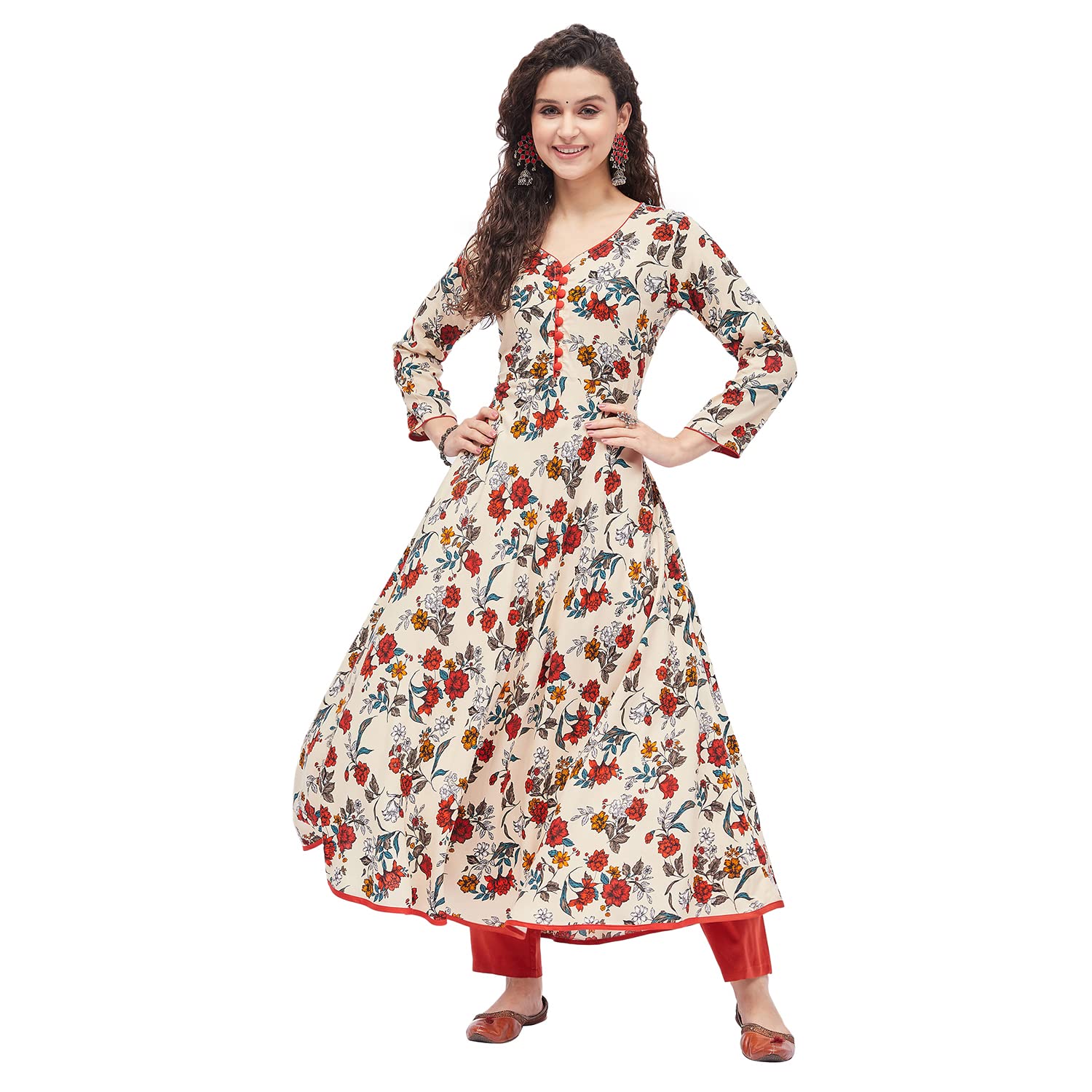 Tissu Women's Rayon Cream & Orange Floral Printed A-Line Kurta 2221_Cream_L