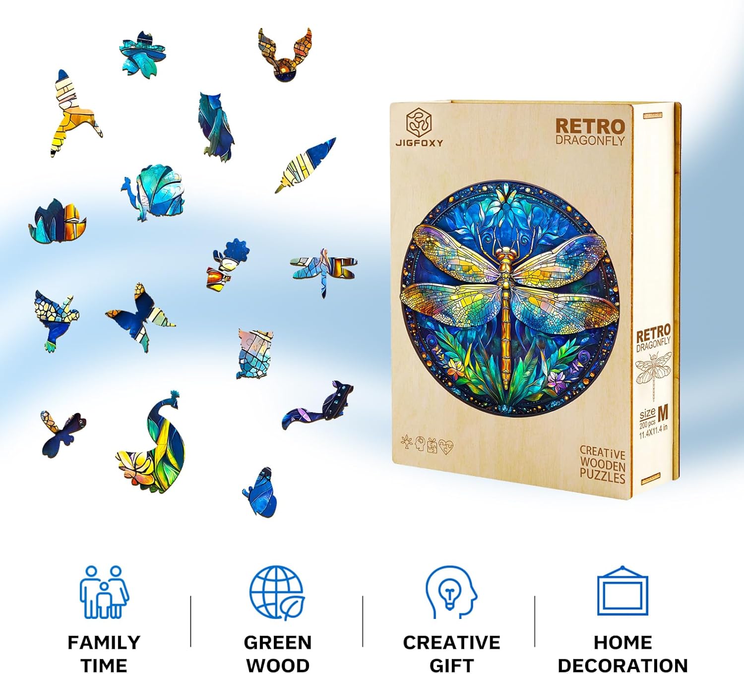 Jigfoxy Wooden Puzzles for Adults, Retro Dragonfly Wood Puzzles Adult, Unique Animal-Shaped Wooden Jigsaw Puzzles for Adults, Christmas Thanksgiving Gifts for Family and Friends (S-8.5*8.5in-100pcs)