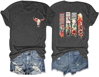 Retro Steer Skull Western T-Shirt Women Vintage Country Music Shirt Cute Cowgirl Graphic Cowboy Tees Tops
