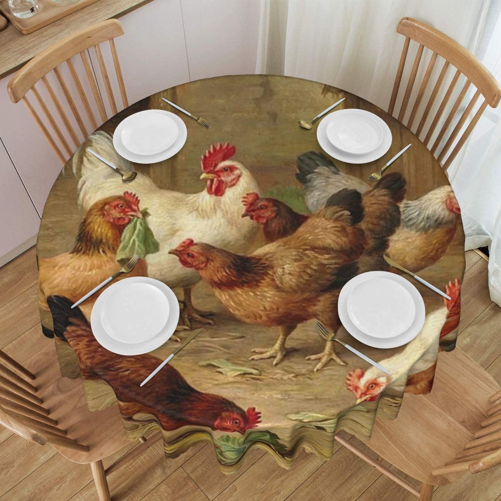 DCEHGEW 60 In Round Tablecloth with Lace, Roast Chicken Hen Farm Printed Oilproof & Washable Fabric Picnic Table Cloth Table Covers
