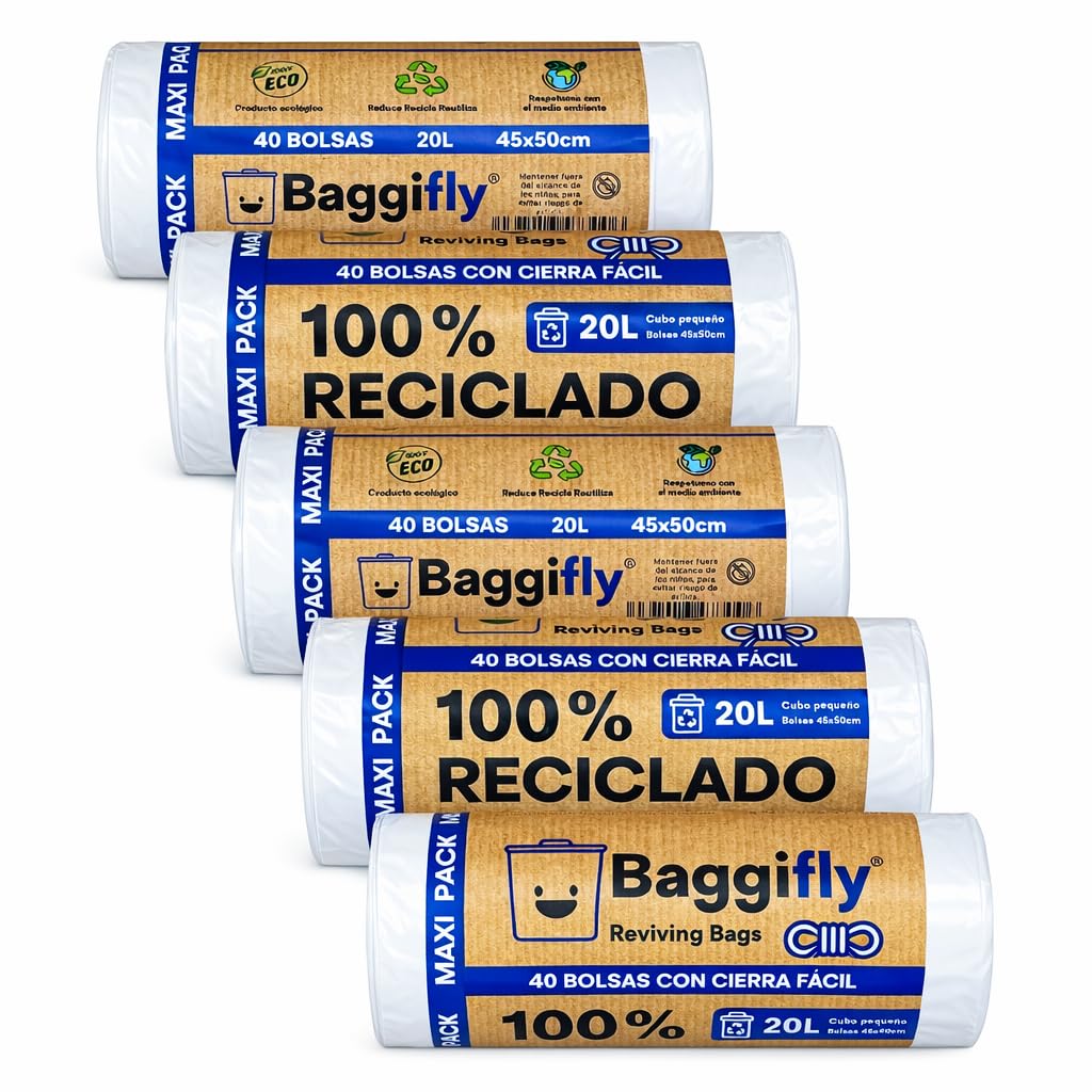 Baggifly, Bolsas de Basura 20L, 200 Bolsas Resistentes, 100% Recicladas, Cierre Fácil, ECO Friendly, Ideal para oficinas, clínicas, hoteles, baños, Maxi Pack 5 x 40, Fabricado en España, Blanco