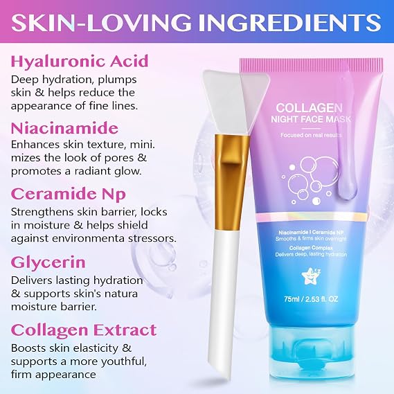 Collagen Night Wrapping Mask, Collagen Overnight Peel-Off Mask, Overnight Wrapping Peel Off Face Masks with Brush, Elasticity & Hydration Overnight Wrapping Peel Off Facial Mask