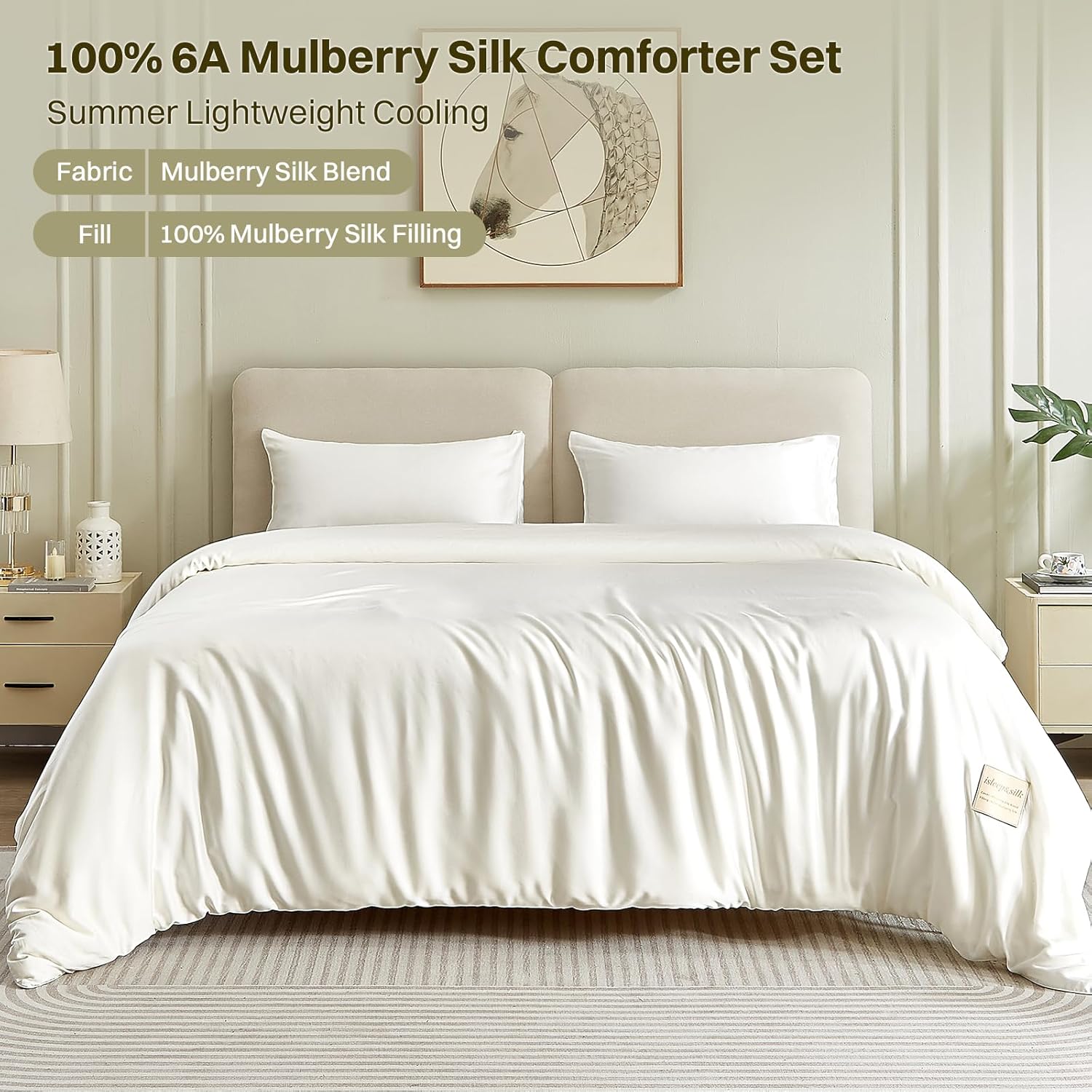 Silk Comforter Set 4 Pieces, Summer 100% Silk Comforter with Detachable Duvet Cover, Cooling Blanket for Hot Sleepers, Bedding Set with Comforter Insert, Duvet Cover, 2 Pillowcases, White, Queen Size