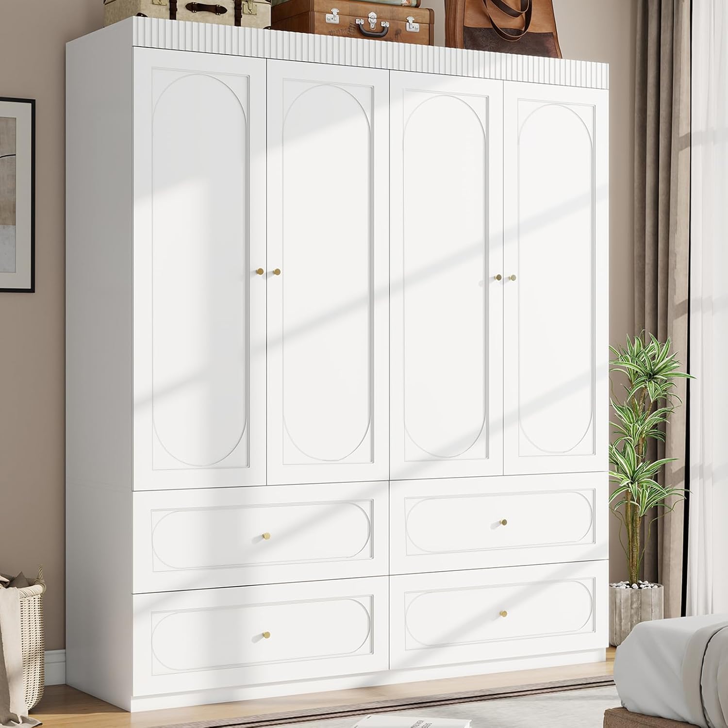 Armoire Wardrobe Closet with Drawers: 74 Inch Tall 4 Door Armoire Wardrobe Closet with 4 Drawers, Wood Modern Wardrobes Cabinet for Bedroom (White)