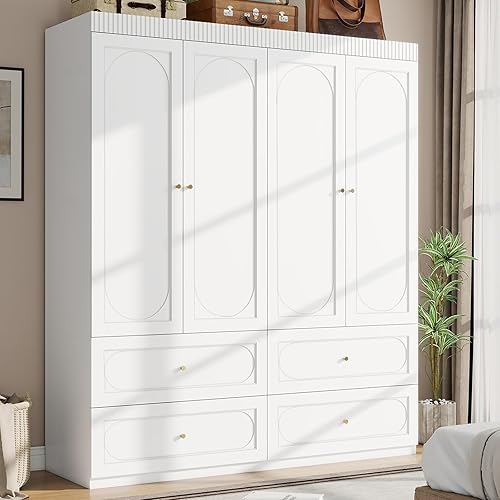 Armario Armario con cajones: Armario de 4 puertas de 74 pulgadas de alto con 4 cajones, Armarios modernos de madera para dormitorio (blanco)