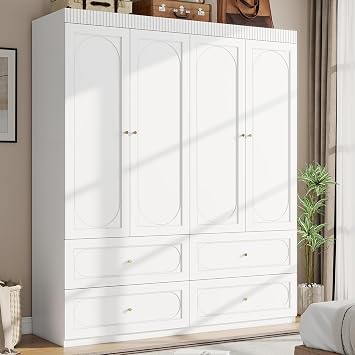 Armoire Wardrobe Closet with Drawers 74 Inch Tall 4 Door Armoire Wardrobe Closet with 4 Drawers, Wood Modern Wardrobes Cabinet for Bedroom White