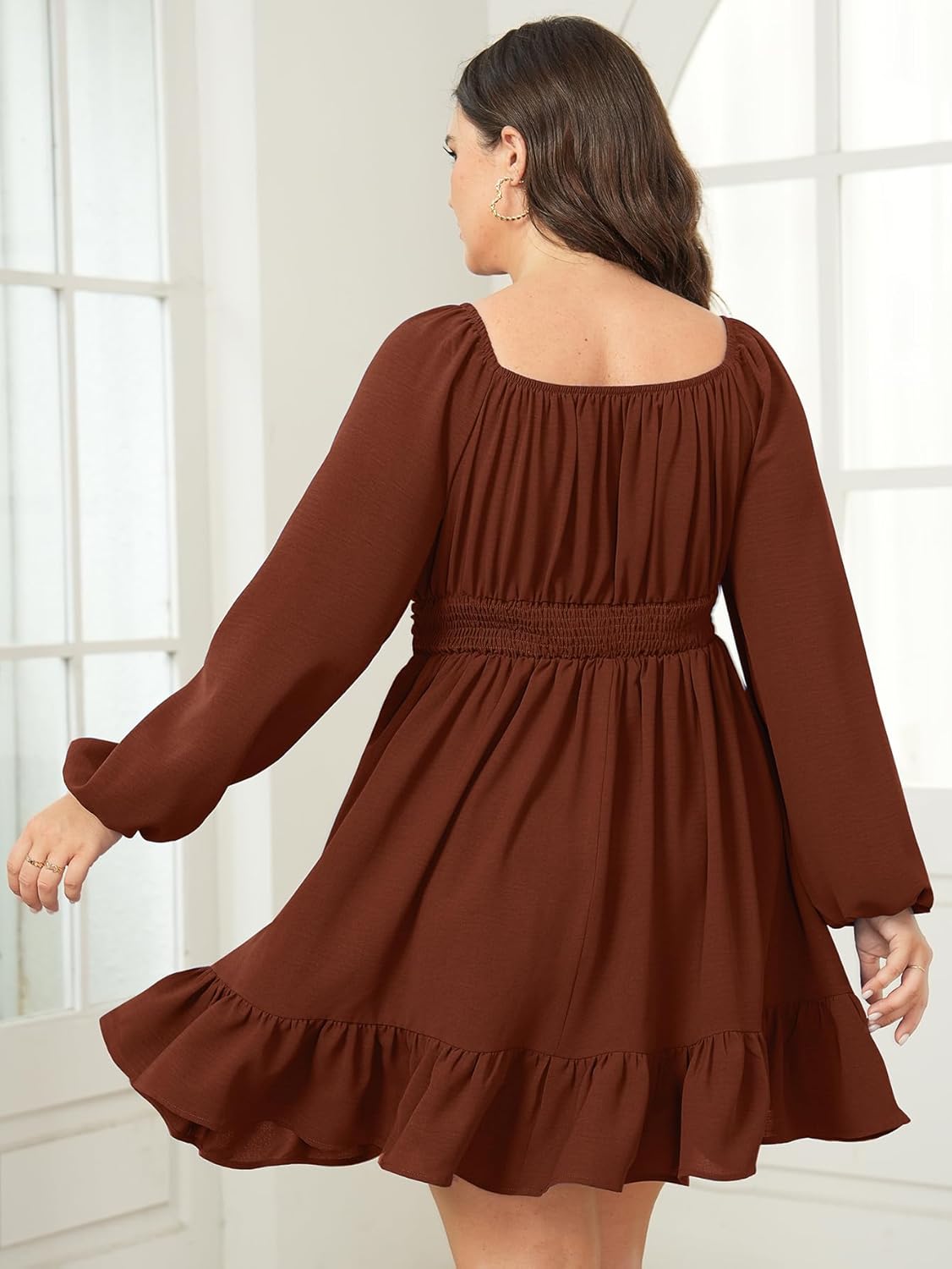 Womens Plus Size Dress Long Lantern Sleeve Square Neck Elastic Waist A-Line Mini Short Dress - Image 4