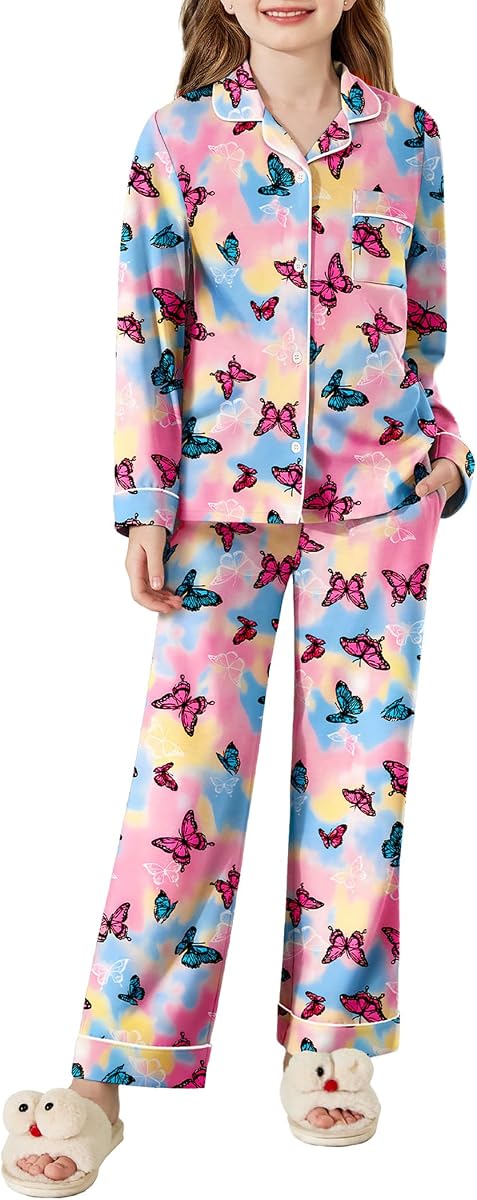 Arshiner Pajamas Set for Girls Long Sleeve Lounge Set Button Down Pj Sets | 2-Piece SLeepwear Sets, Notch Collar Pajama Tops and Long Pjs Bottoms, for All Seasons, Comfortable All Night Long