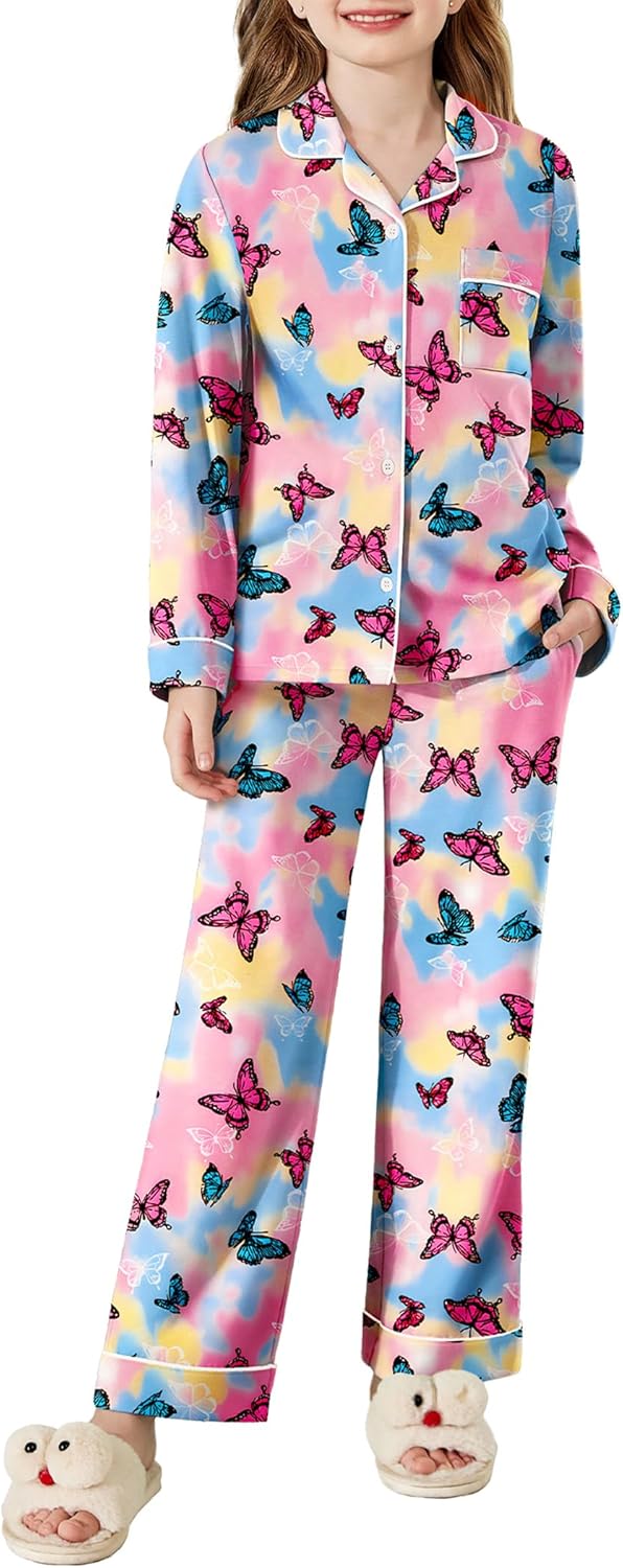 Arshiner Pajamas Set for Girls Plaid Long Sleeve Lounge Set Button Down Pj Sets