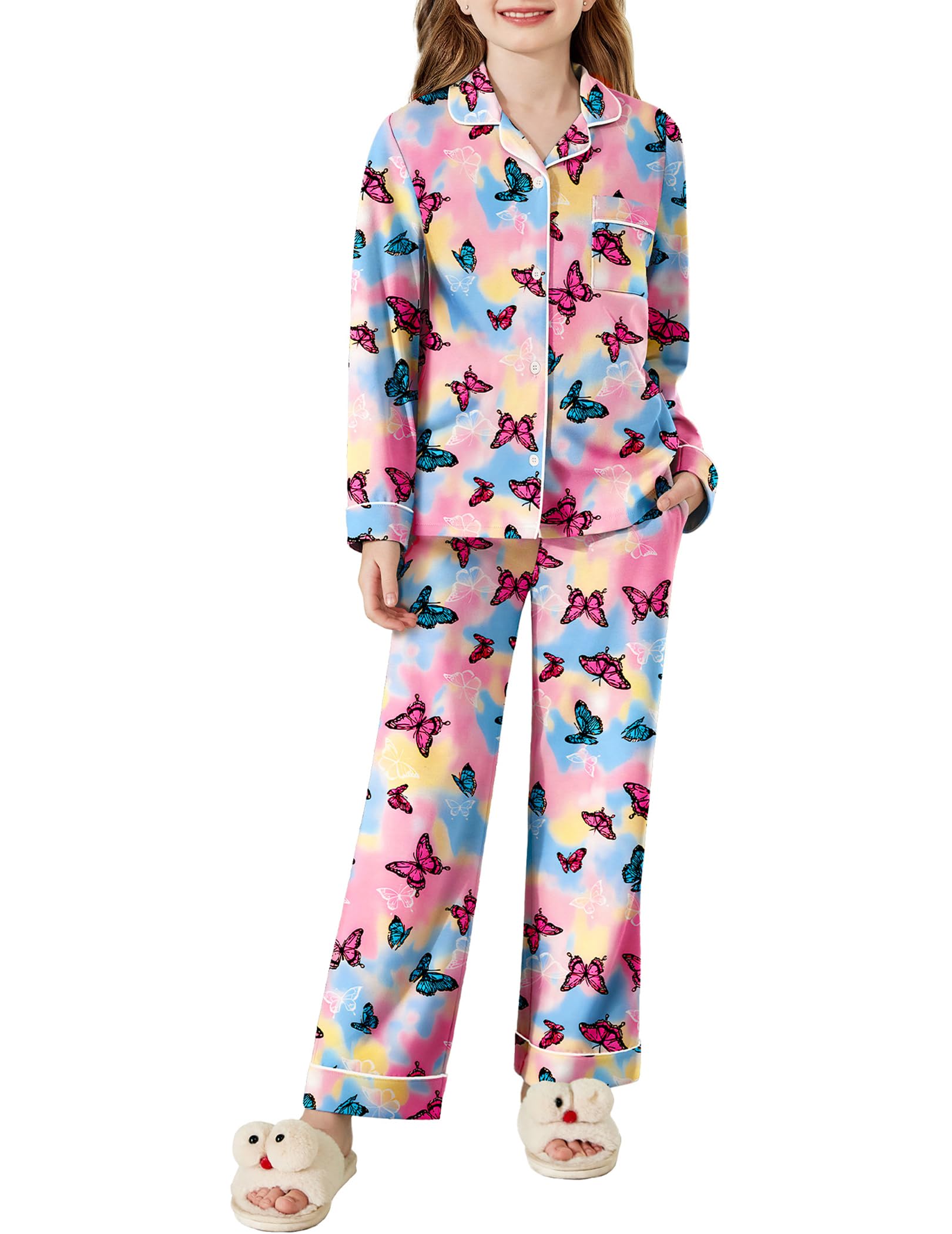 Arshiner Pajamas Set for Girls Plaid Long Sleeve Lounge Set Button Down Pj Sets