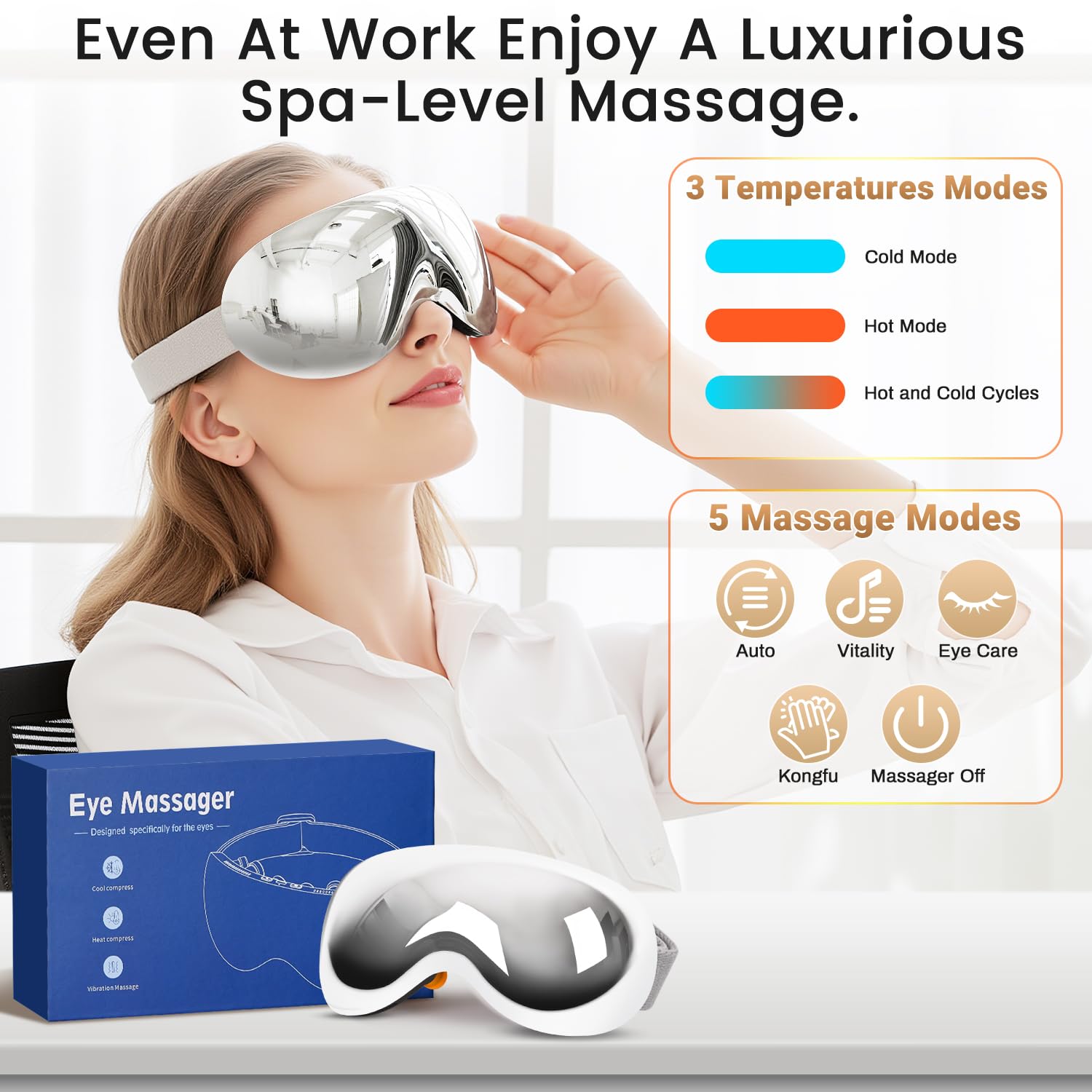 Masajeador de ojos con calor y refrigeración para migrañas, 15 nodos de masaje para aliviar la tensión ocular, música Bluetooth recargable, mejorar el sueño, regalos de cumpleaños y vacaciones para