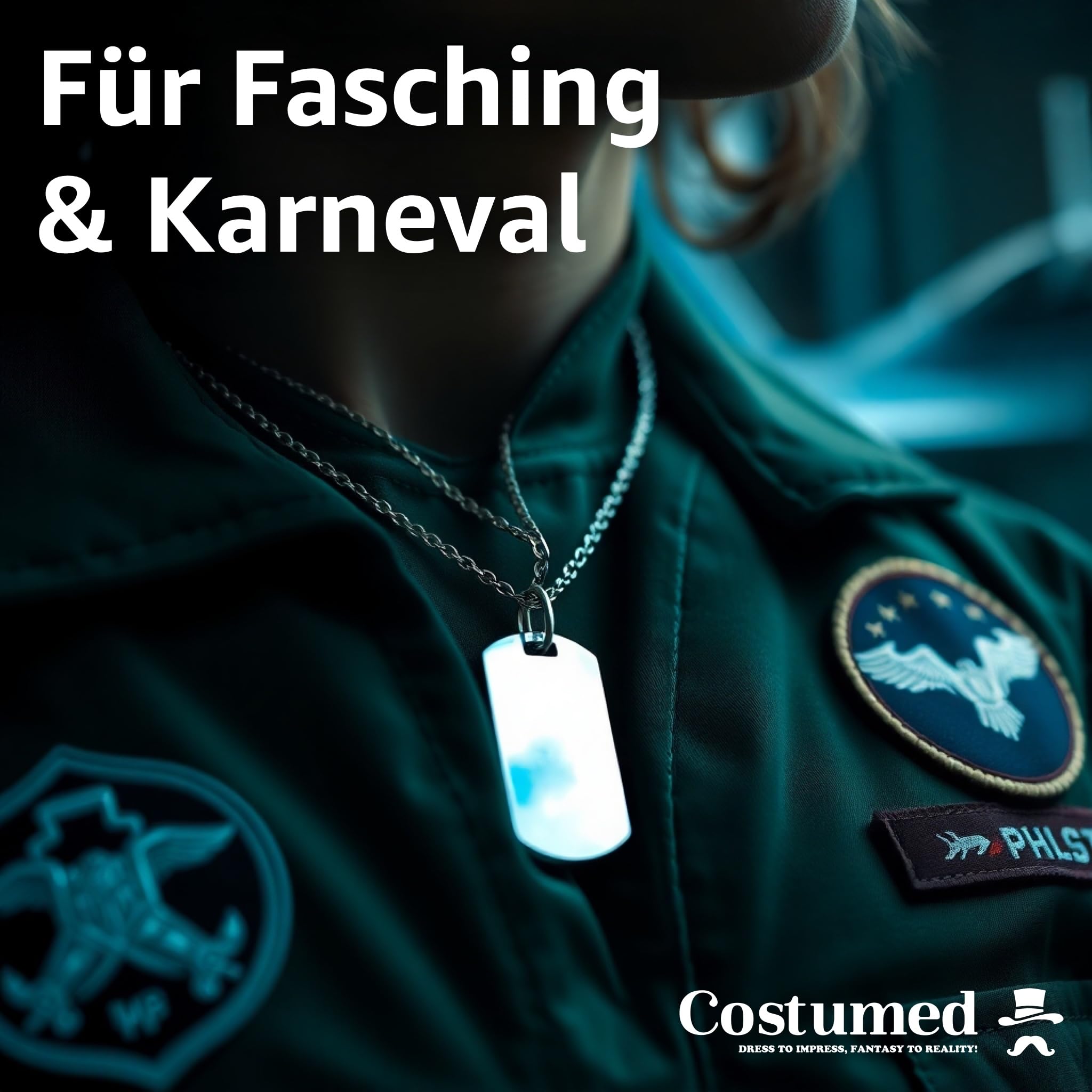 Costumed US Army Dog Tag - Nieśmiertelnik armii amerykańskiej srebrny, identyfikator dla psa - łańcuszek żołnierza jako dodatek na bal karnawałowy i faszyng