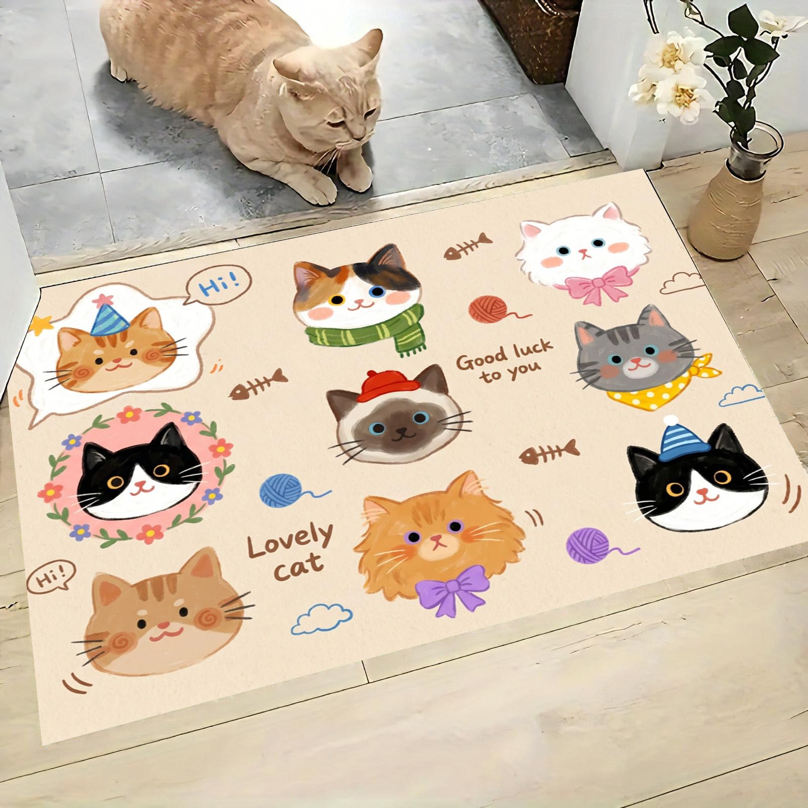 Felpudo de Entrada 80x120cm, Alfombra Estilo Francés Suave Atrapapolvo Alfombra Avatar De Gato Antideslizante Lavable, Alfombrilla con Microfibras Suaves Absorbentes para Puerta, Pasillo, Caqui Claro