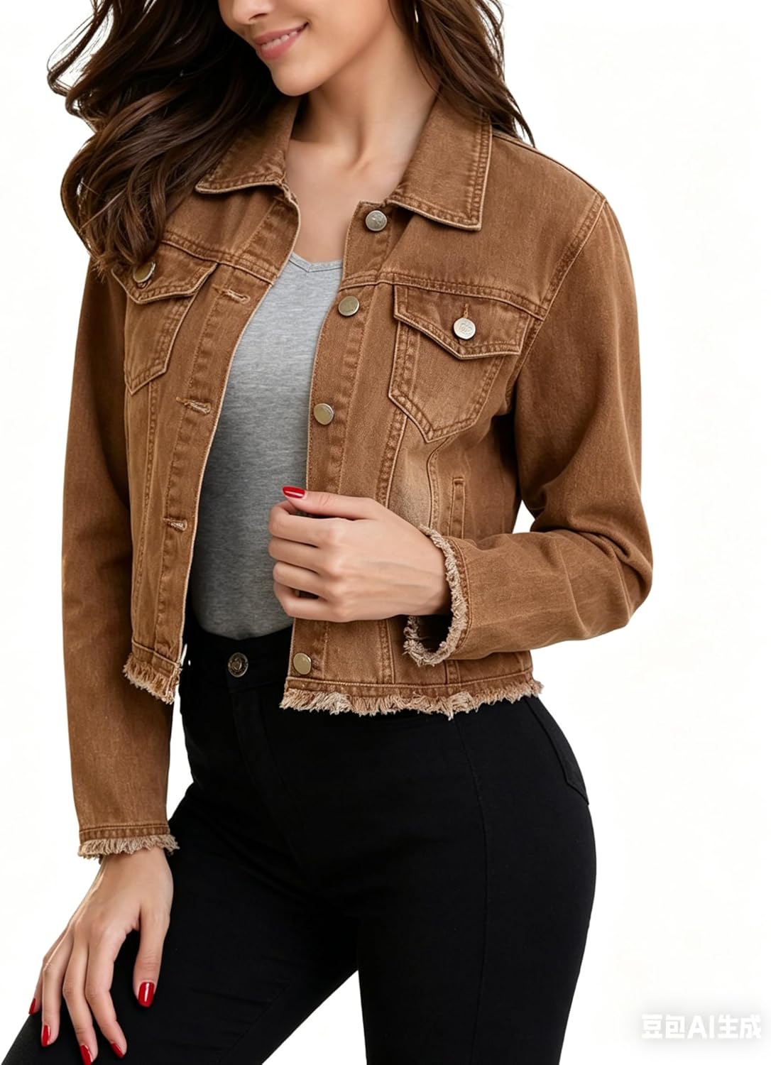 MISS MOLY Jean Jacket Women’s Frayed Washed Button Up Cropped Denim Jacket w 2 Side Pockets
