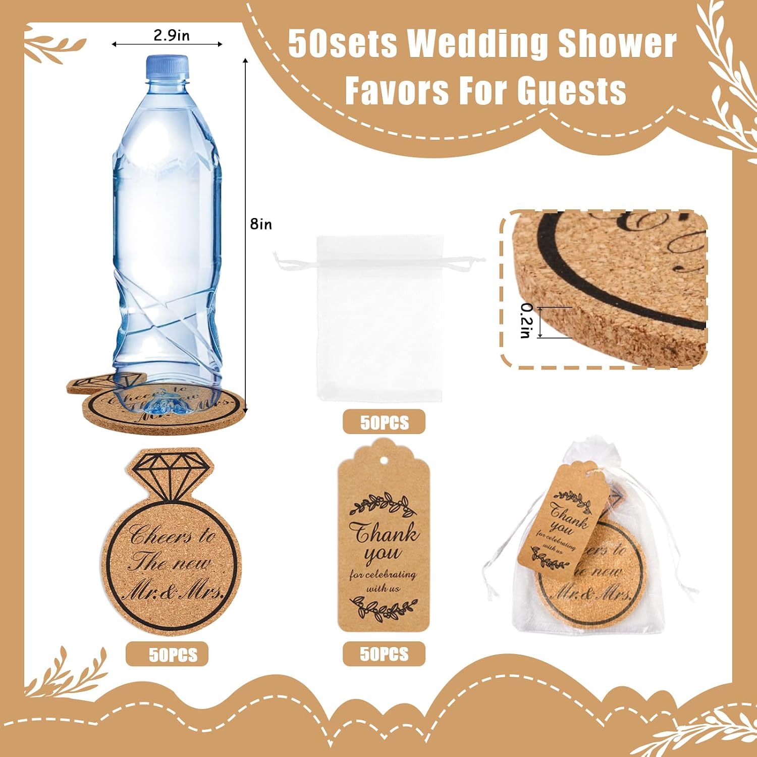 50 Sets Cork Coasters Bridal Shower Wedding Party Favors, Absorbent Drinks Coasters Diamond Ring Shaped with Thank You Cards and Organza Bags for Bulk Gifts Guest Souvenirs