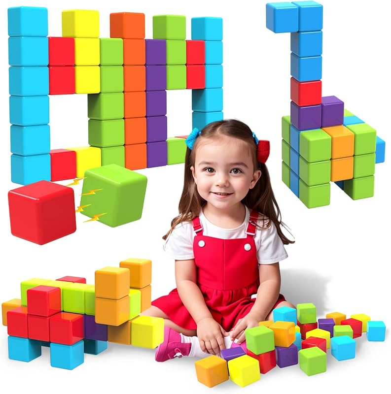 Magnetic Building Blocks, 1.65 inch Large Stacking Cubes for Toddlers | Sensory & Montessori Toys for Boys & Girls 1 2 3 Years Old, Kids Travel Toys, Magnetic Toys Birthday Gifts (24 PCS)