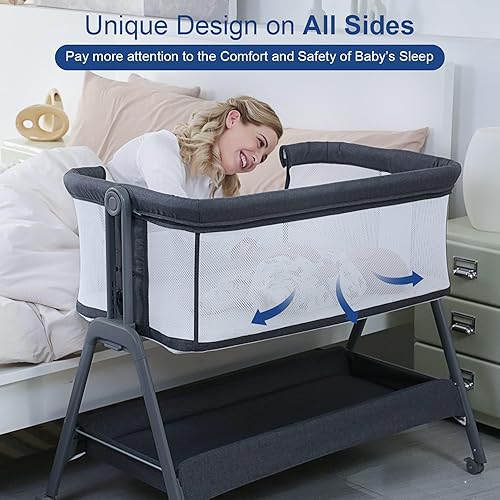 Miniatura 2 de ANGELBLISS Cuna para bebé con moisés, cuna de cama con cesta de almacenamiento y ruedas, fácil de plegar, cuna portátil con altura ajustable para