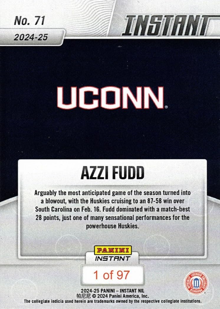 2024-25 Panini Instant Basketball NIL #71 Azzi Fudd Pre-Rookie Card UConn - Only 97 made!