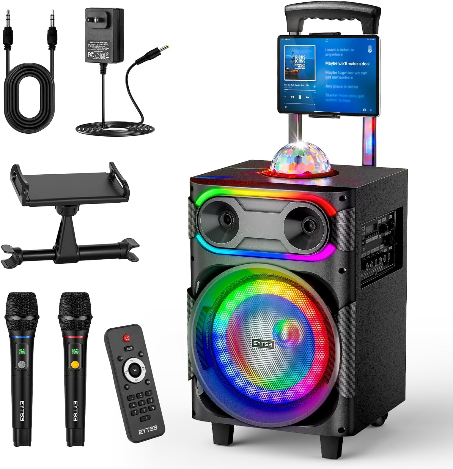 Karaoke Machine for Adults with 2 Wireless Microphones, BT PA System with Disco Ball LED Lights, Rolling Wheels, Tablet Holder, Remote Control, Support TWS/USB/AUX/TF/REC/FM for Home Parties