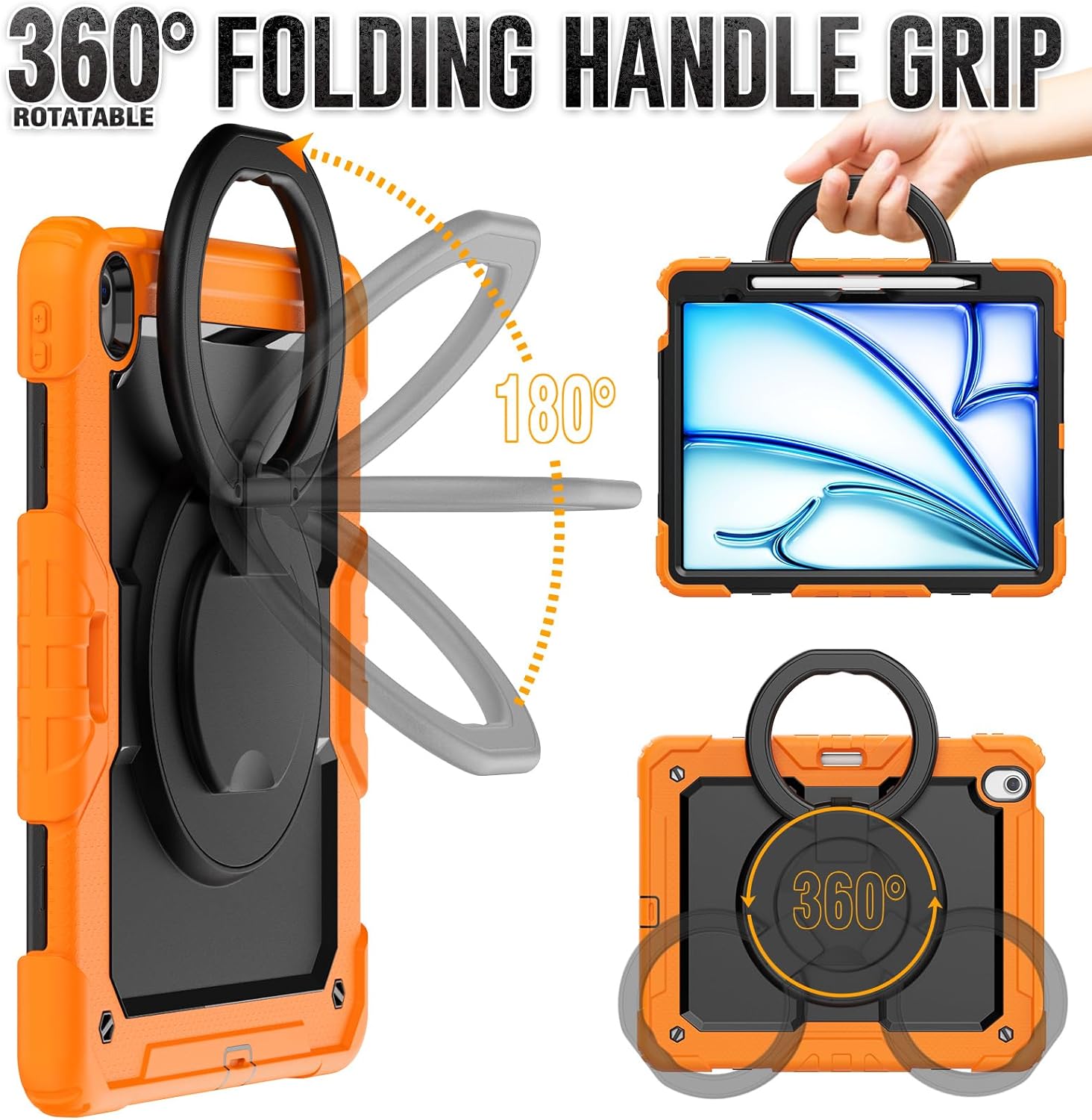Case Compatible with iPad Air 13 Inch Case M2(2024),Full Body Protective Rugged Cover with [Pencil Holder+Screen Protector] Rotating Handle Silicone Cover Compatible with iPad Air 13(Orange)