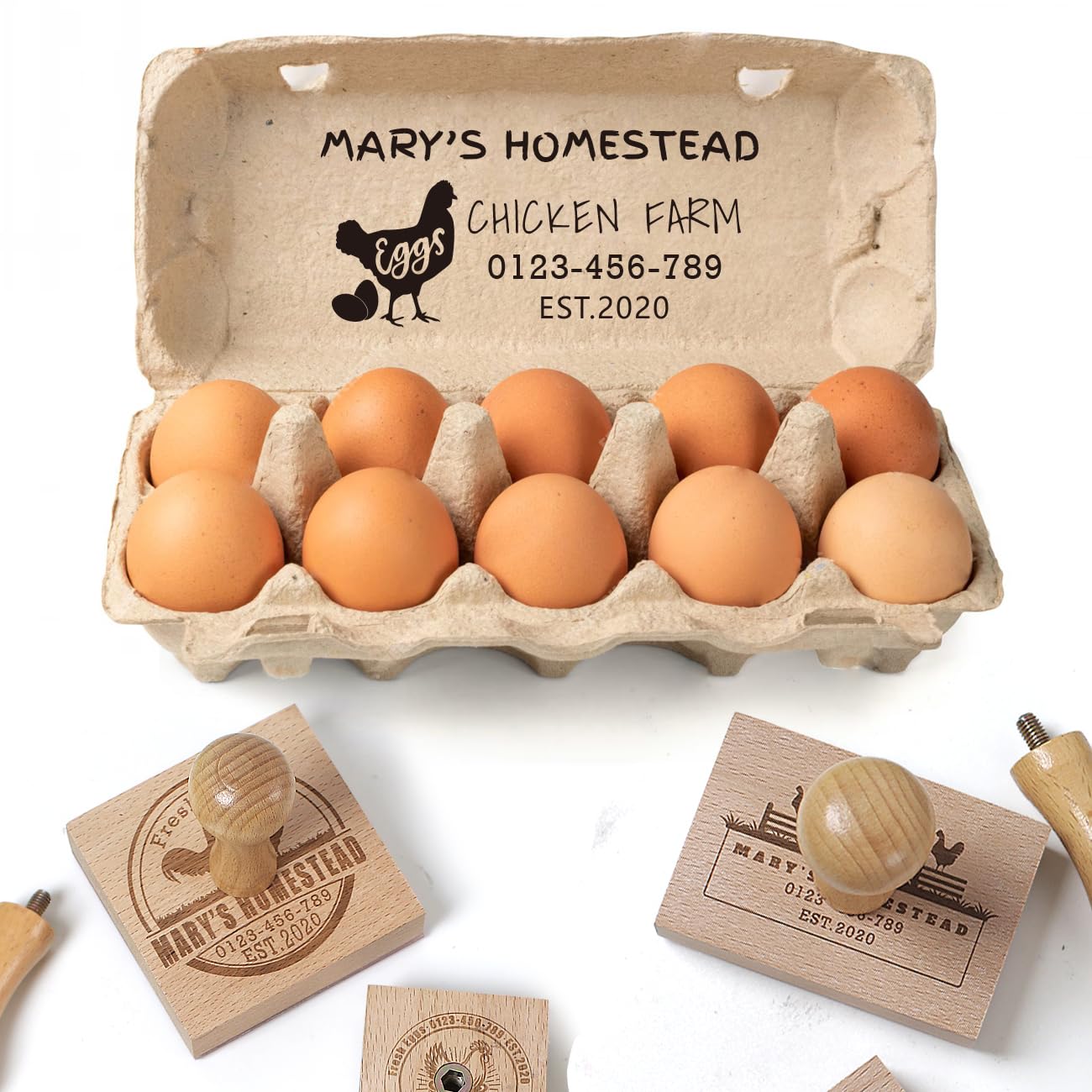 Personalised Egg Carton Stamps, 4 Sizes, Custom Chicken Stamp, 12 Designs, Rubber Stamp for Eggs Carton, Wooden Stamps for Fresh Eggs