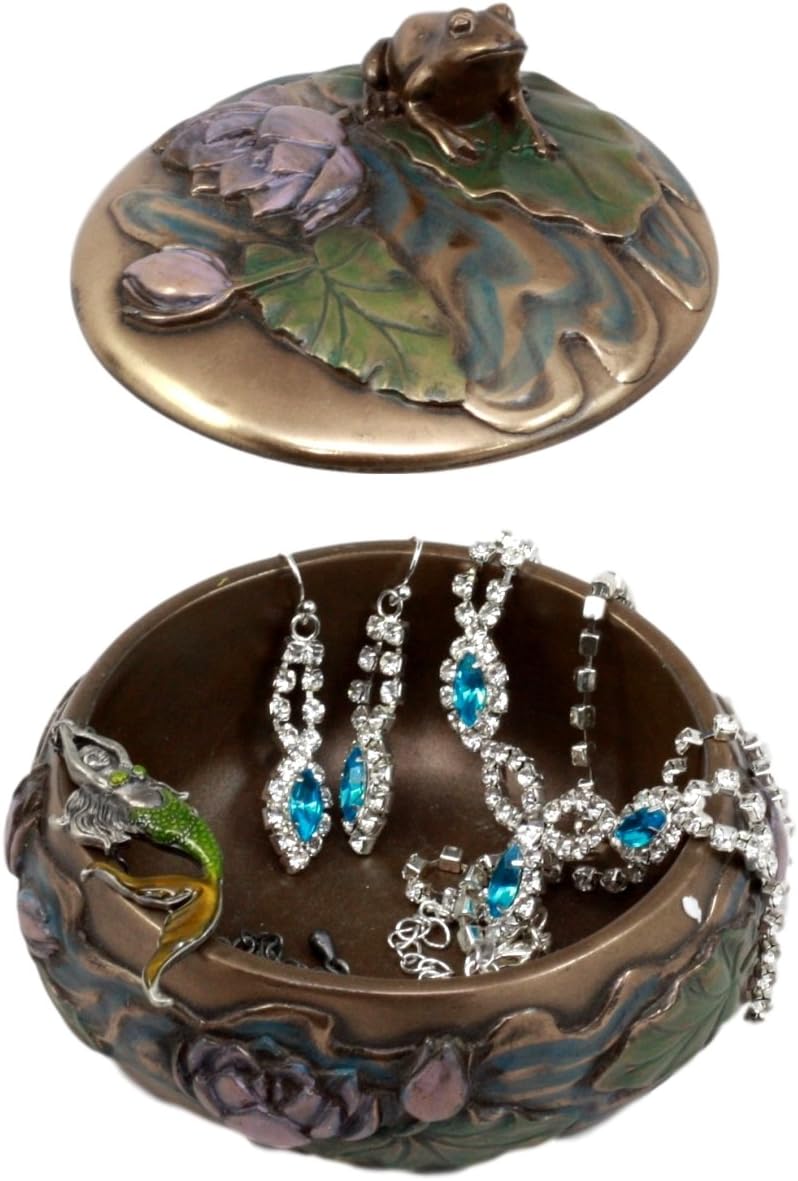 Ebros Gift Zen Frog Sitting On Lily Pad Decorative Trinket Jewelry Box Figurine for Vanity Accessory Keepsake Gift Candle Holder