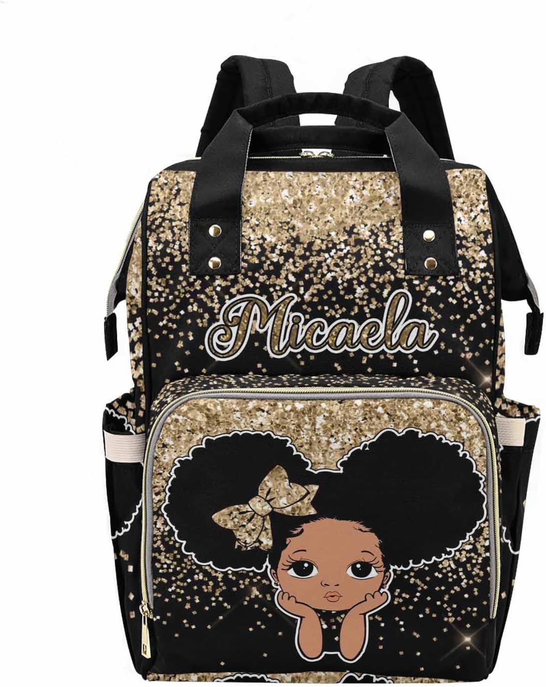 Customized Golden Glitter Diaper Bag with Name for Girl Boy, Personalized African Princess Mommy Nursing Daypack with Large Capacity for Travel Waterproof Nylon Backpack for Womens Birthday Gift