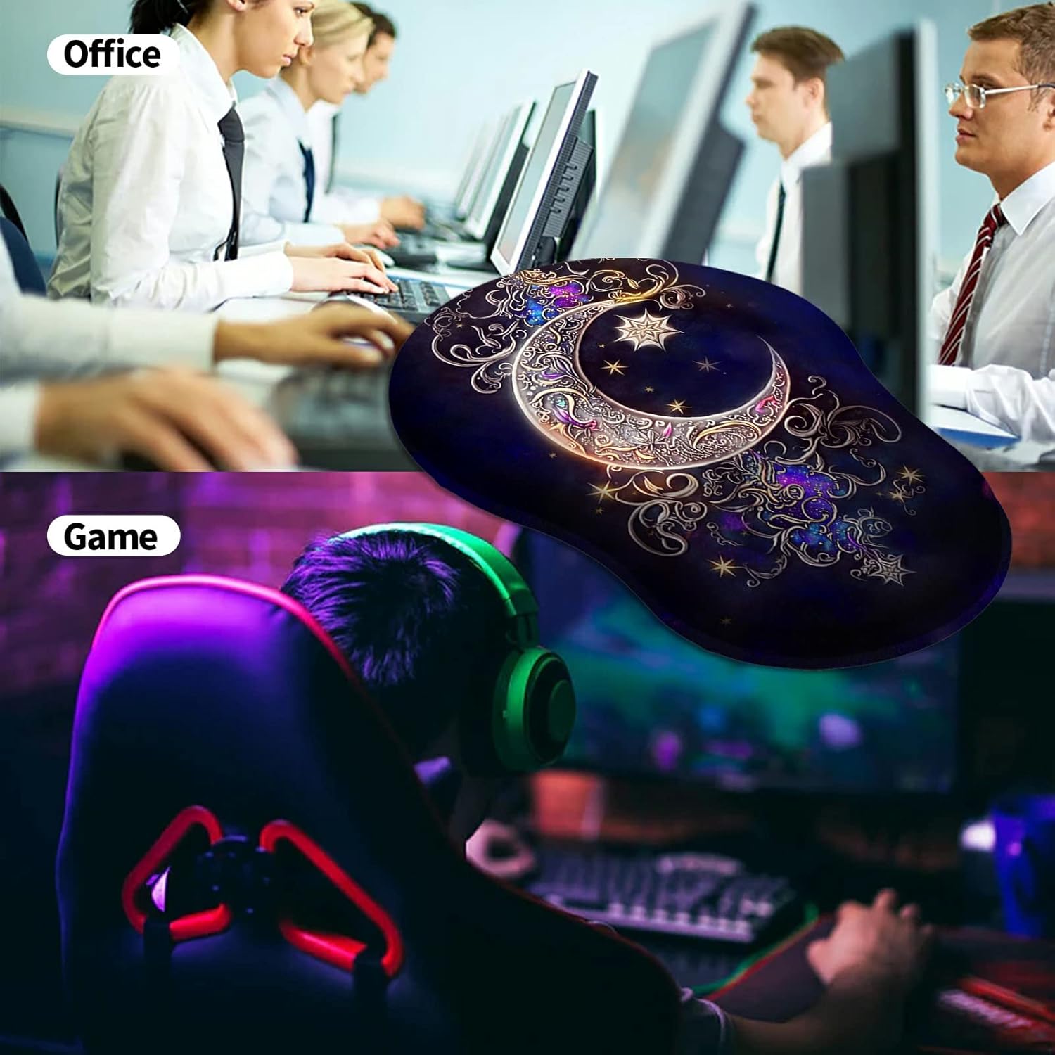 Mouse Pad with Wrist Support Gel Moon Star Galaxy Floral Pattern Design Ergonomic Gaming Mousepad with Wrist Rest for Laptop Computer Home Office Working Mouse Mat + A Cute Coffee Pad