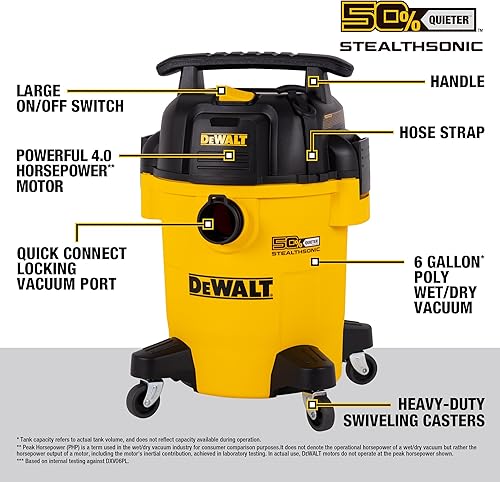 Vista 4 de DEWALT Aspiradora de Taller STEALTHSONIC de 6 Galones Húmeda y Seca DXV06PL-QT, Ultra Silenciosa 4 HP de Potencia Máxima Aspiradora Húmeda Seca
