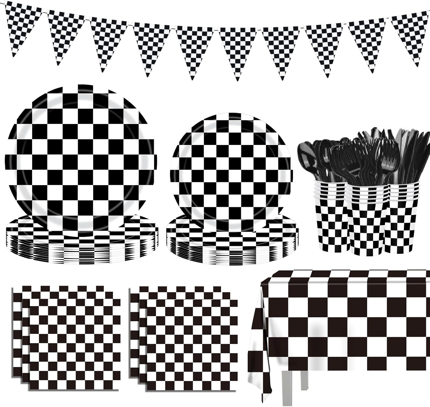 170 Pcs Race Car Birthday Party Decorations Black and White Checkered Plates and Napkins, Checkered Party Supplies Serves 24