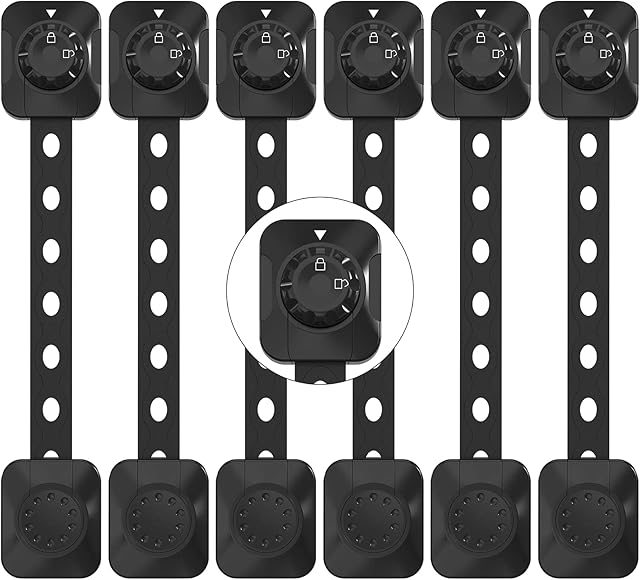 REDTRON Adjustable Child Safety Locks, 6Pcak Baby Proofing Cabinet Locks, Upgraded Adhesive Double Lock System Locks for Cabinets, Drawer, Closet, Fridge, Refrigerator, Trash(Black)