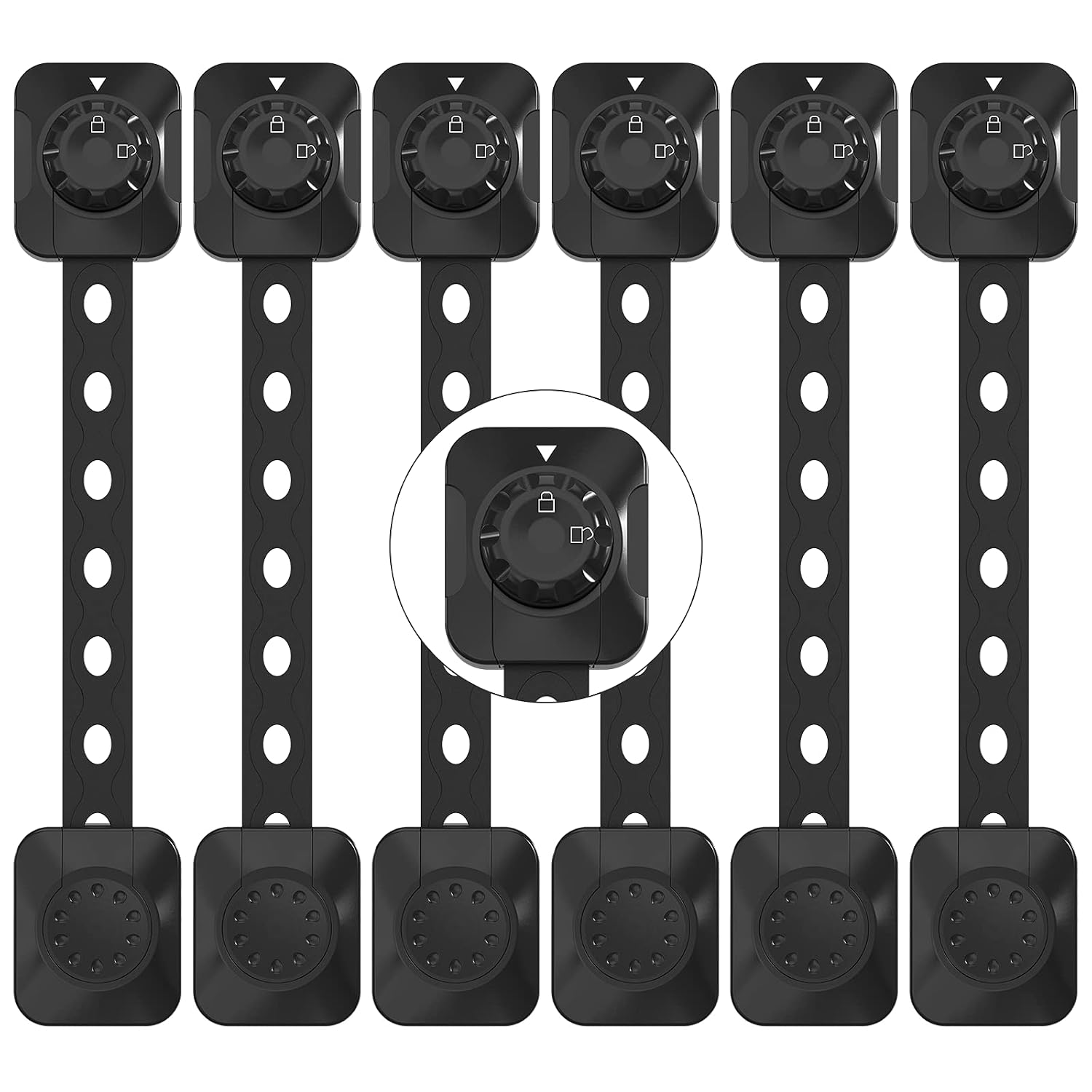 Child Proof Safety Locks[Black], 6 Pack Baby Proof Cabinet Locks with Adjustable Strap/3M Adhesive, Baby Proof Double Lock System for Cabinets, Drawers, Oven, Fridge, Toilet Seat No Drilling Needed