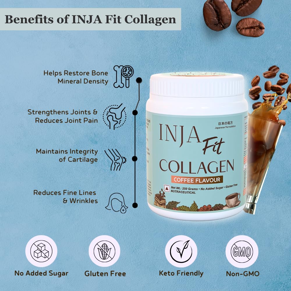 INJA Fit Hydrolyzed Marine Collagen Supplement Powder for Women & Men, Japanese Formulation Collagen with Vitamin C, Healthy Joints, Muscles, Skin, Hair, Sugar-Free, Gluten-Free, Coffee Flavor, 250 gm — Amazon image 3