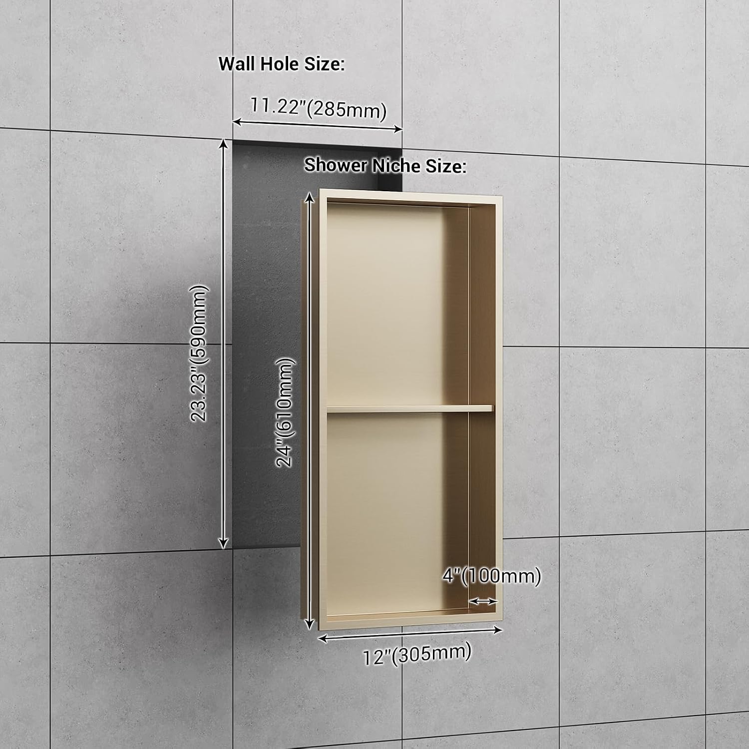Stainless Steel Shower Niche, No Tiling Required Recessed Niche Shower for Bathroom Storage(12''×24''(12×12), Champagne Gold)