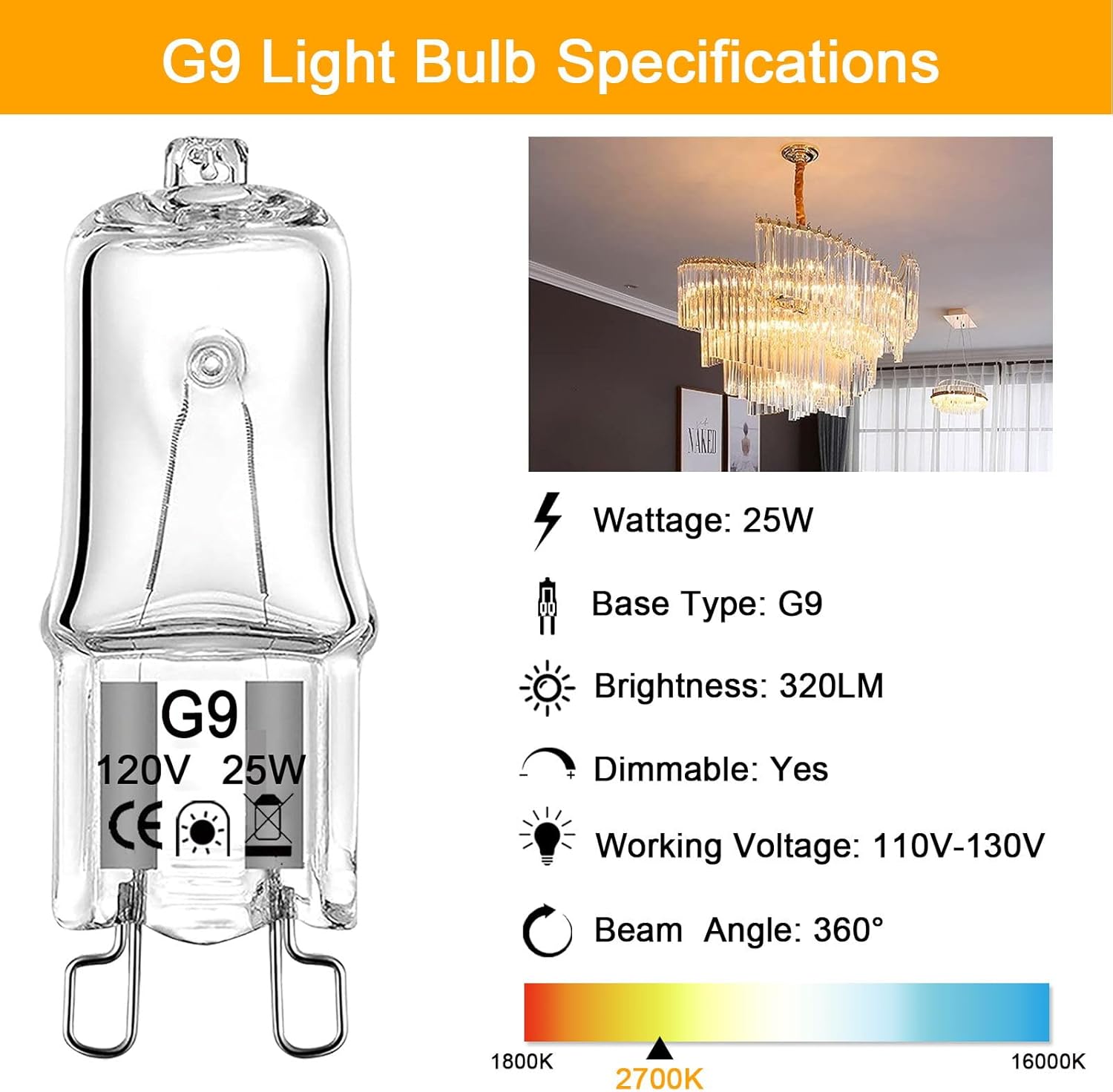 G9 Bulb, 12 Pack Crystal Clear Halogen Light Bulbs 2 Pin Base JC Type, 120V T4 Bi-Pin 25W Xenon Small Light Bulb Dimmable 2700K Warm White for Chandeliers, Cabinet Lights, Range Hood Lights