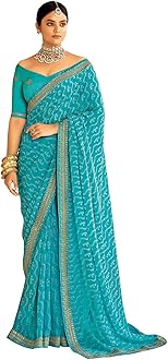 SIRILWomen's Bandhani Printed Embroidery Lace Georgette Saree with Unstitched Blouse Piece