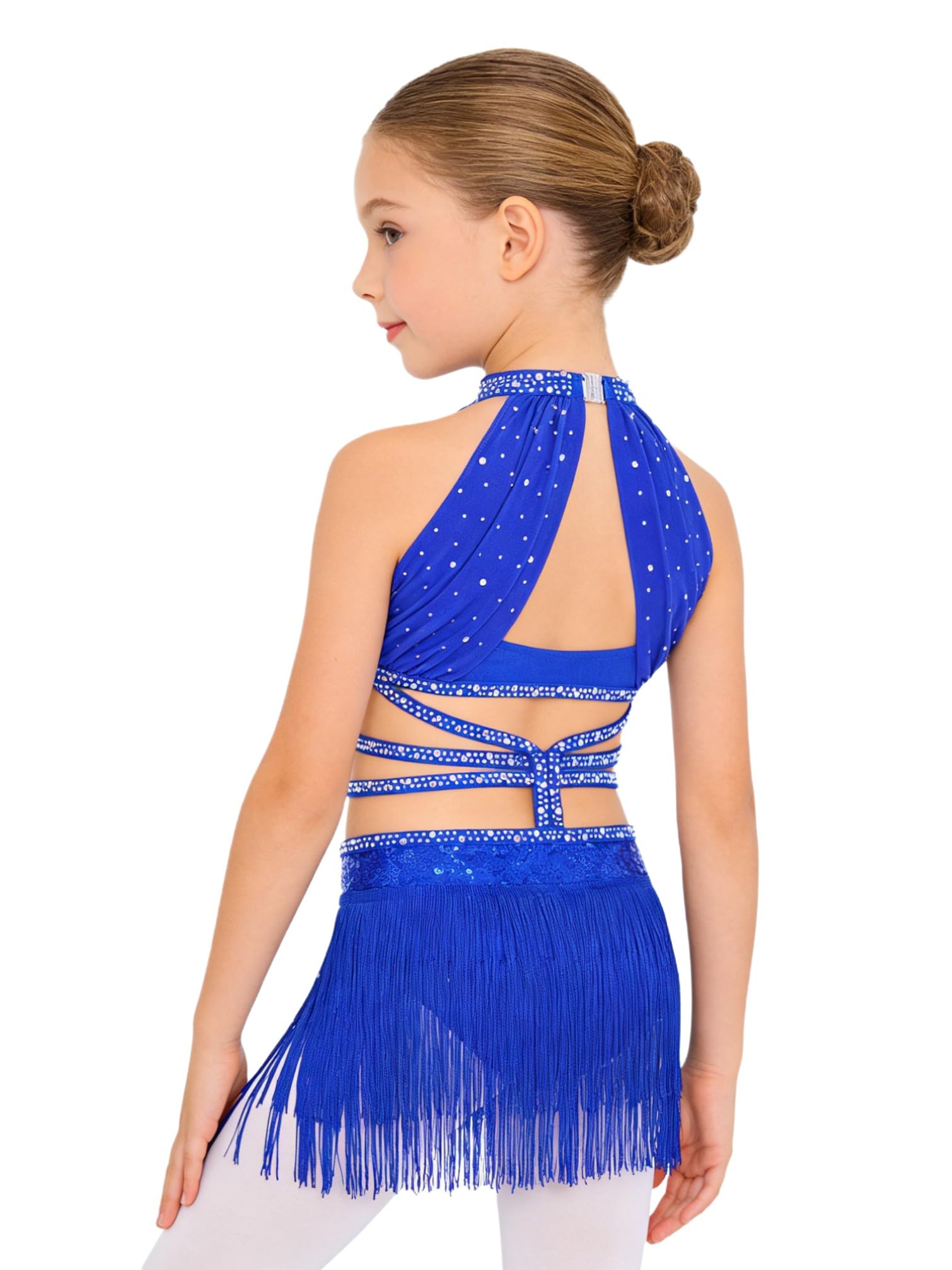 TiaoBug Costume da Ballo Latino Americano Tango Bambina con Frange Paillettes Vestito da Danza Classica Moderna con Nappe Strass Abito da Pattinaggio Artistico Lucido
