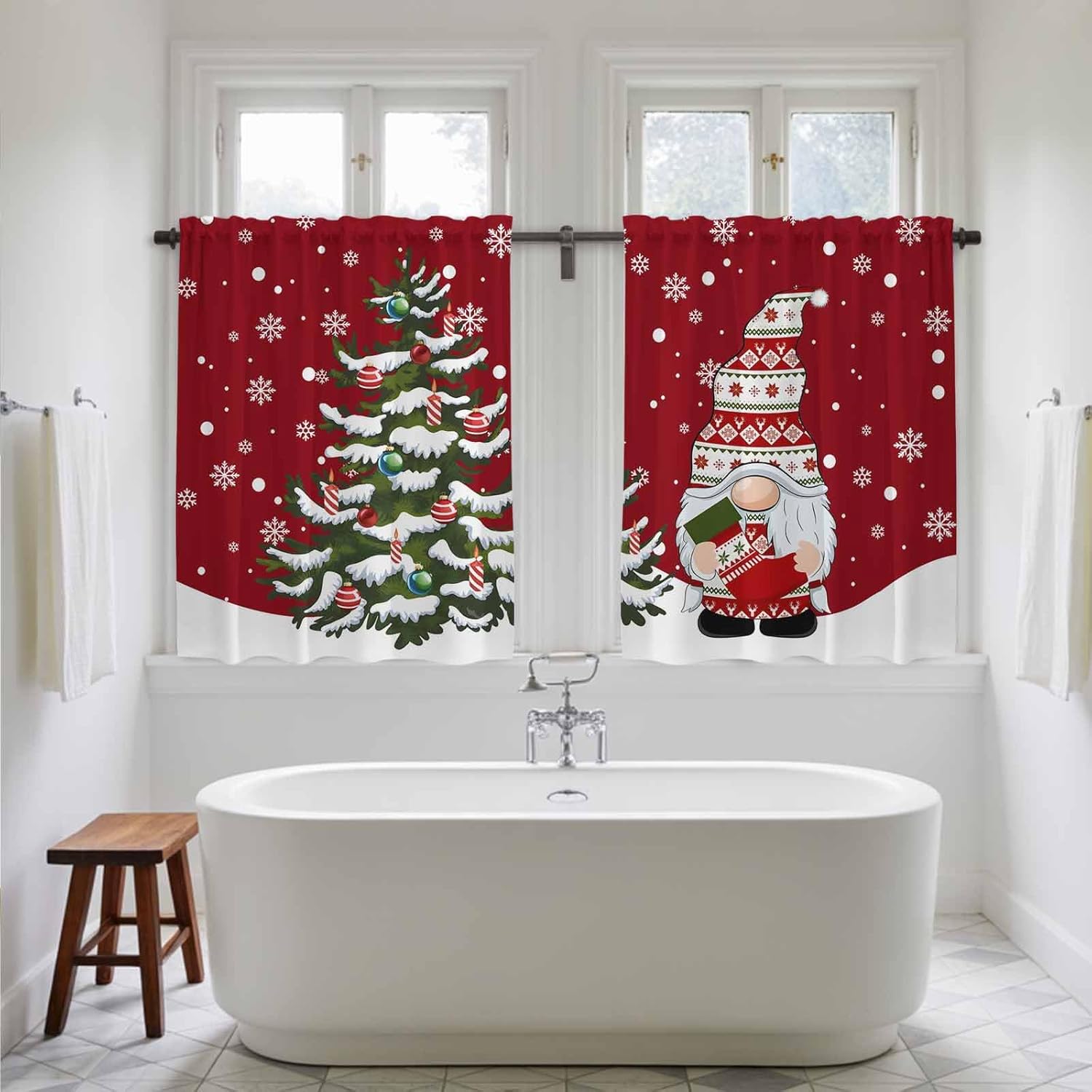Red Christmas Gnomes Kitchen Curtains 45 Inch Long 2 Panel Set, Rod Pocket Window Treatment, Winter Xmas Snowflakes Holiday Light Filtering Short Curtains & Drapes for Bathroom Laundry 52"W x 45"L