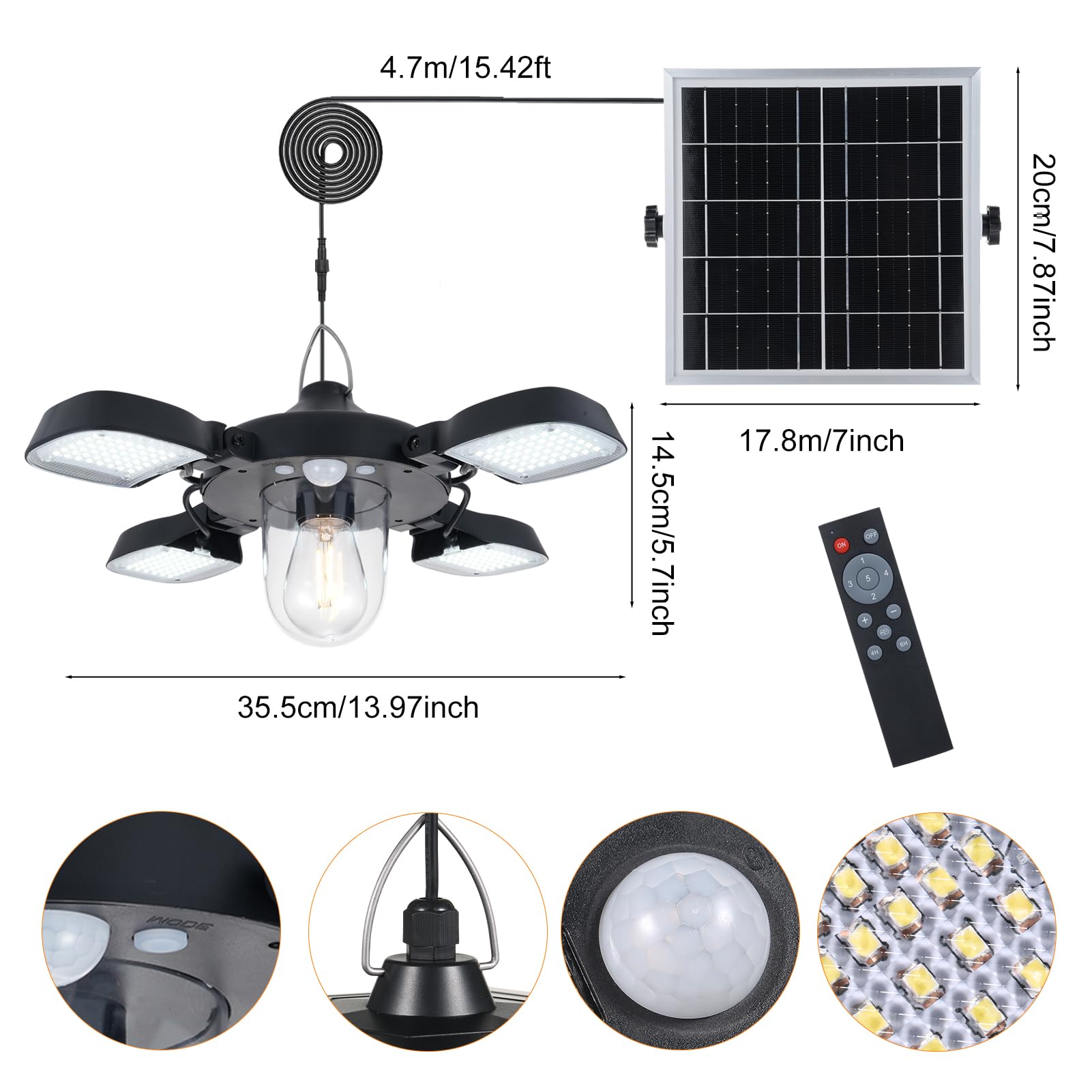 Lámparas solares para exterior con mando a distancia, lámpara colgante solar de 192 LED de 5400 mAh, batería con cable de 5 m, IP65, resistente al agua, 7 W, 3200 lm, detector de movimiento