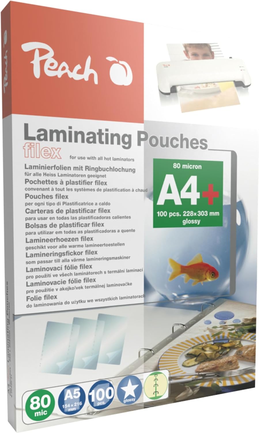 Peach S-PP580-21 Laminating Pouches A4 80 mic 100 Pouches for Practical Filing in Folder Compatible with Laminators of All Brand Manufacturers