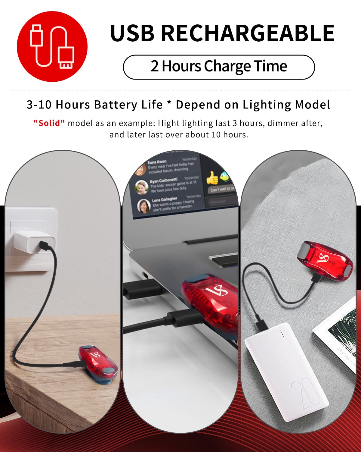 VICKSONGS 2pcs Luce Running Ricaricabile USB - Luci Bicicletta LED, Luce Stroboscopica, Luce da Corsa di Sicurezza, Accessori Bici da Corsa, Running Accessori